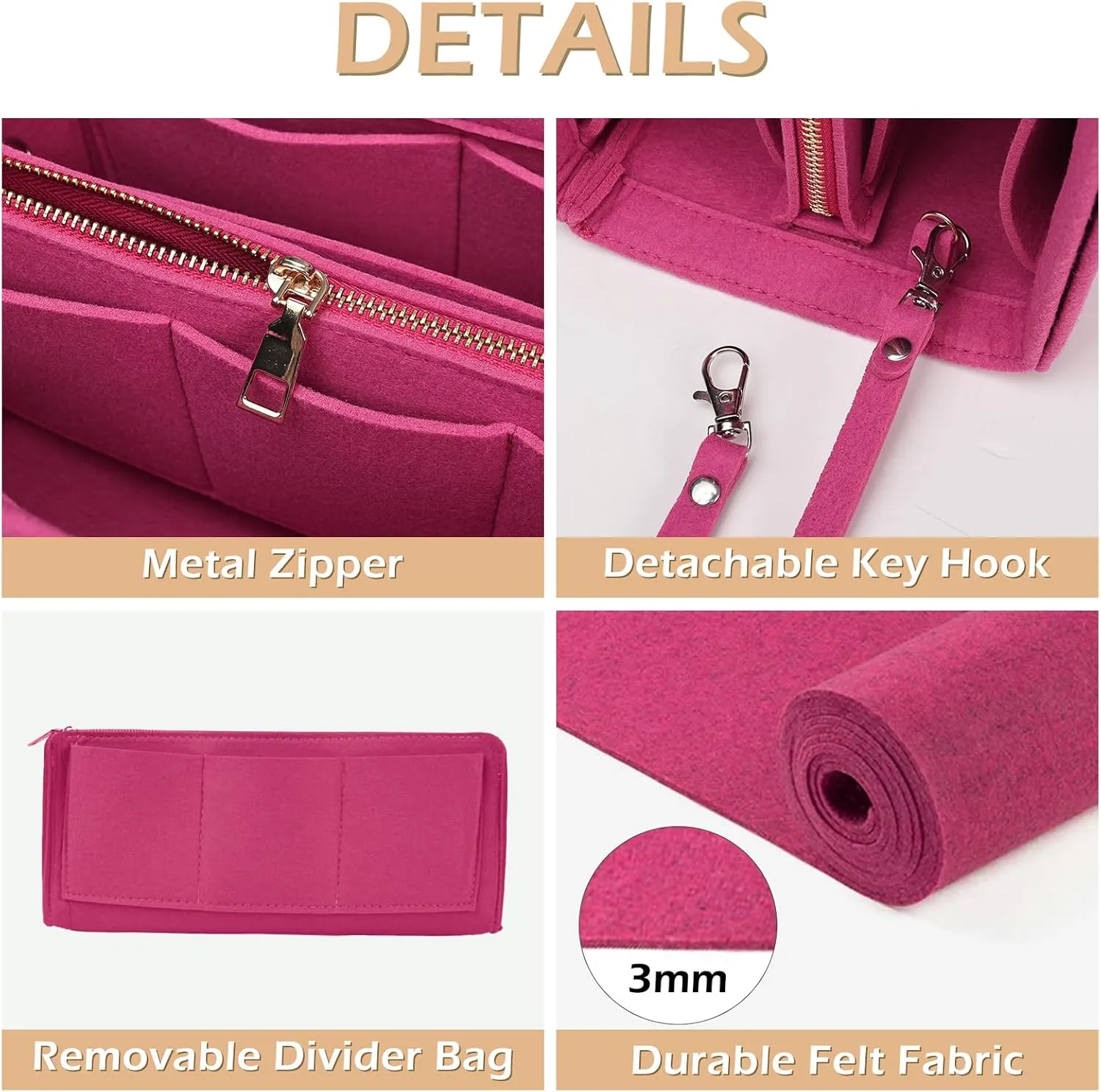 Surblue Purse Organizer Insert for Handbags, Felt Bag Organizer, Tote Bag Organizer, Tote Shaper Insert With Zippers, Thicken and Portable Handbag in Bag for Speedy Neverfull PM MM, (Rose, M)