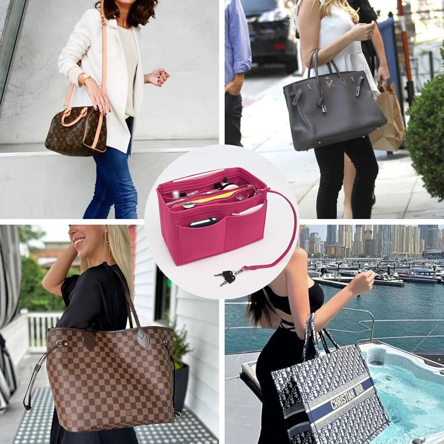 Surblue Purse Organizer Insert for Handbags, Felt Bag Organizer, Tote Bag Organizer, Tote Shaper Insert With Zippers, Thicken and Portable Handbag in Bag for Speedy Neverfull PM MM, (Rose, M)