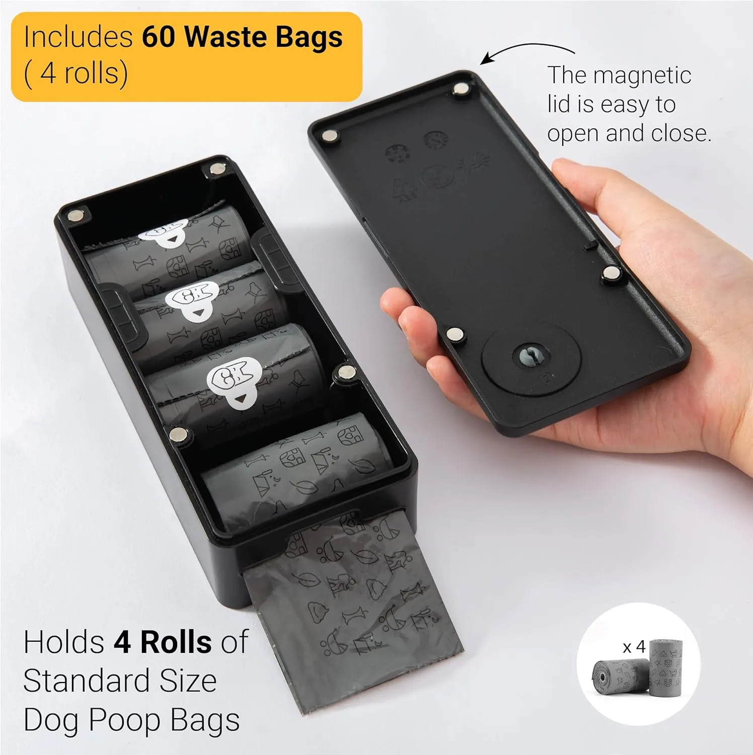 SVD.PET Dog Poop Bag Dispenser with 60 Bags, Wall Mount Waste Bag dispenser, Holds 4 Rolls of Waste Bags, Indoor/Outdoor Wall mount or Place on Table(Black, Dispenser   Bags)