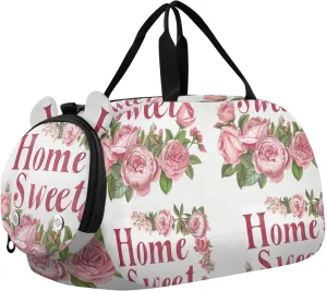 Sweet Home Floral Peach Green White Boy's Gym Duffel Bag with Shoes Compartment Lightweight Carry on Luggage for Travel, Sports, Fitness & Workout bolso de para hombre