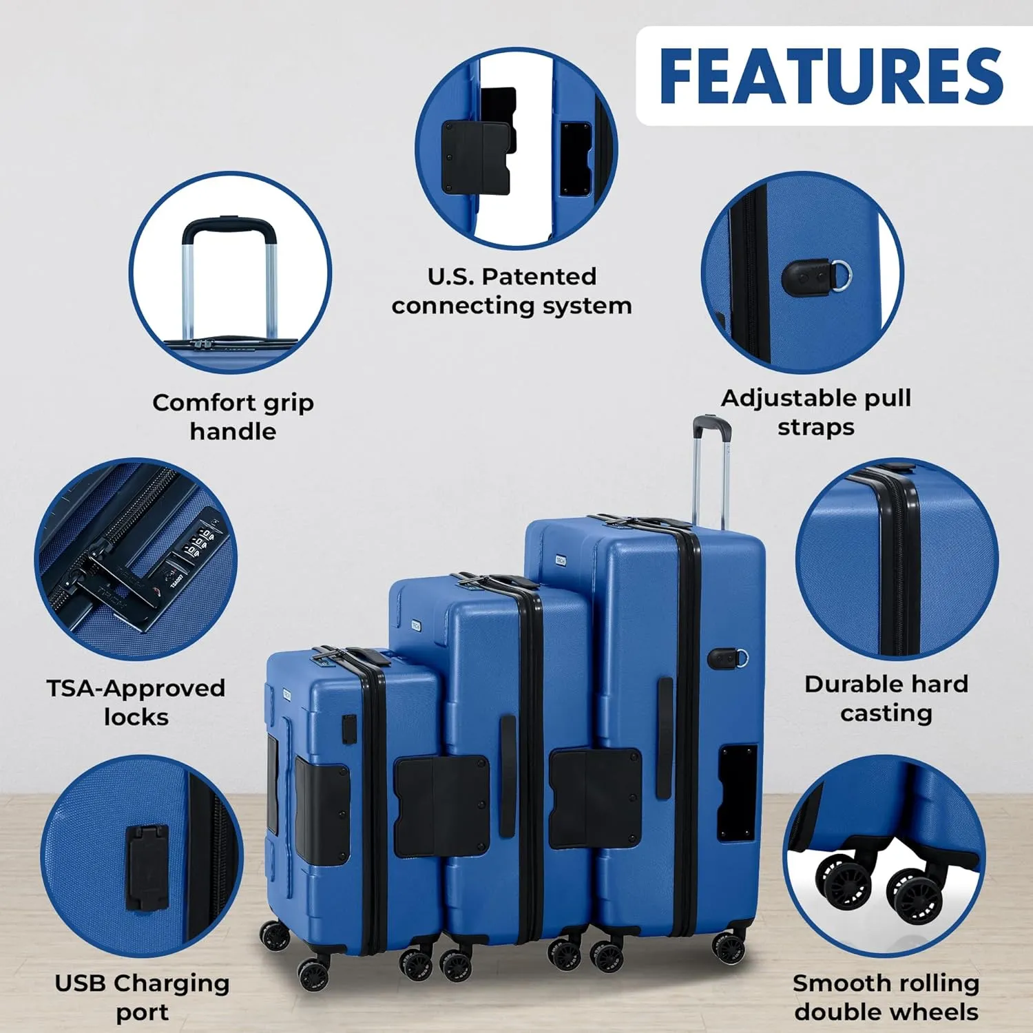 Tach V3.1 Connectable Carry On, Medium and Large Hardside Suitcases with Adjustable Handle and 360 Degree Spinner Wheels, a Set of 3, Midnight Blue