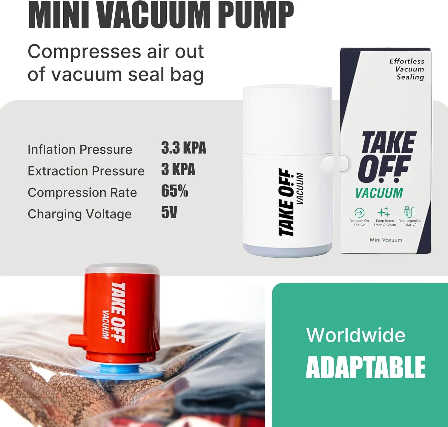 TAKE OFF Mini Vacuum Rechargeable Pump, Reduce Original Volume, Vacuum Seal Air Compression, Lightweight and Portable Travel Vacuum Pump, For Travel Space Saving and for Vacuum Seal Bags, White