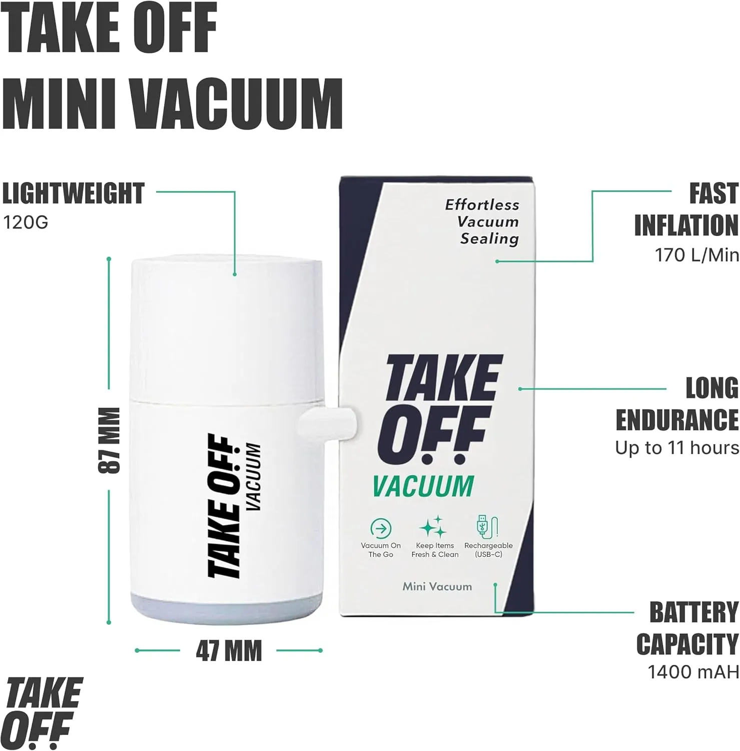 TAKE OFF Mini Vacuum Rechargeable Pump, Reduce Original Volume, Vacuum Seal Air Compression, Lightweight and Portable Travel Vacuum Pump, For Travel Space Saving and for Vacuum Seal Bags, White