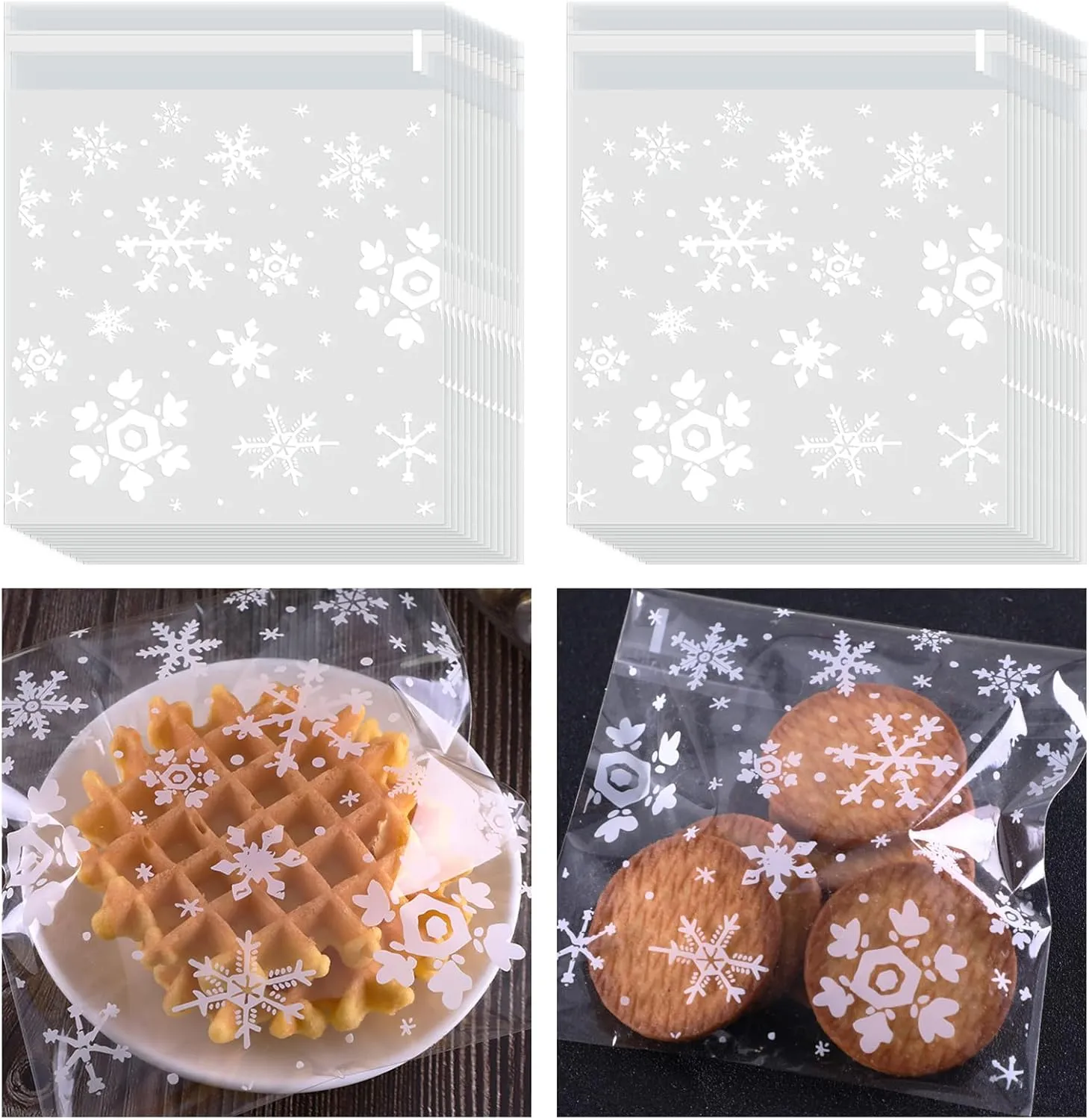 Tatuo 200 Pieces Cookie Bags Wrappers Snowflake Cellophane Treat Bags Small Holiday Clear Candy Gifts Goodies with Self Adhesive Seal for Gift Giving