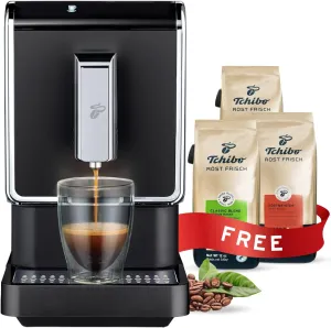 Tchibo Automatic Espresso & Coffee Machine Bundle with Built-in Grinder, Comes With 2 x 17.6 oz. Bags of Whole Bean Coffee, Black