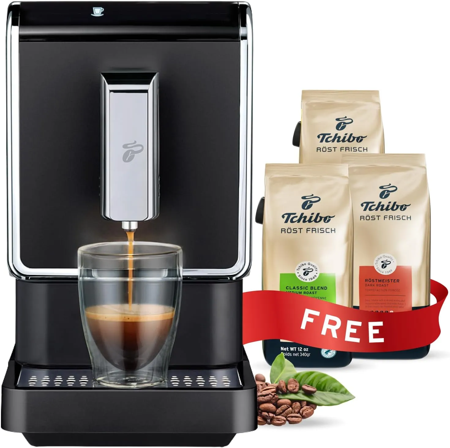 Tchibo Automatic Espresso & Coffee Machine Bundle with Built-in Grinder, Comes With 2 x 17.6 oz. Bags of Whole Bean Coffee, Black