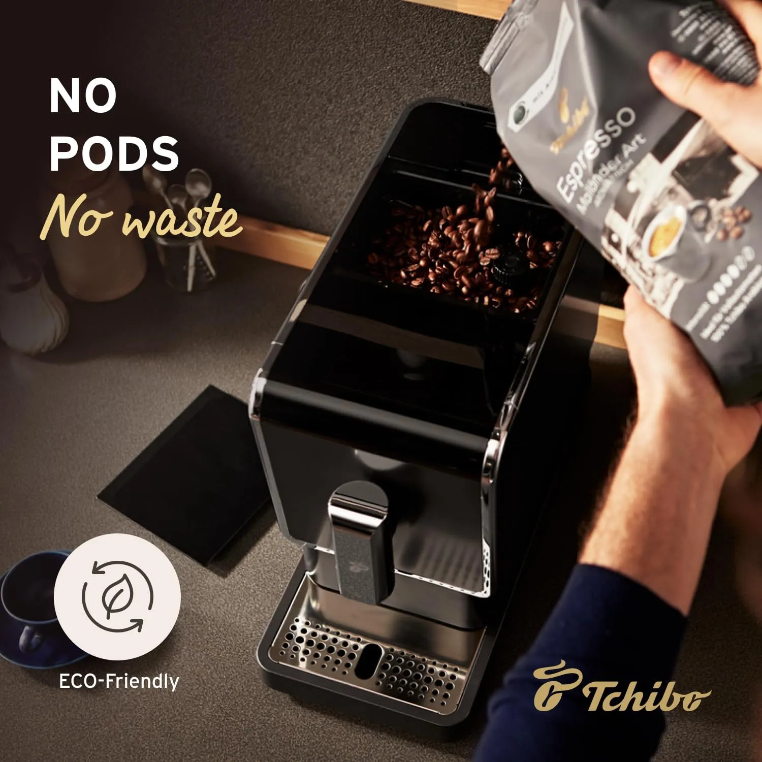 Tchibo Automatic Espresso & Coffee Machine Bundle with Built-in Grinder, Comes With 2 x 17.6 oz. Bags of Whole Bean Coffee, Black