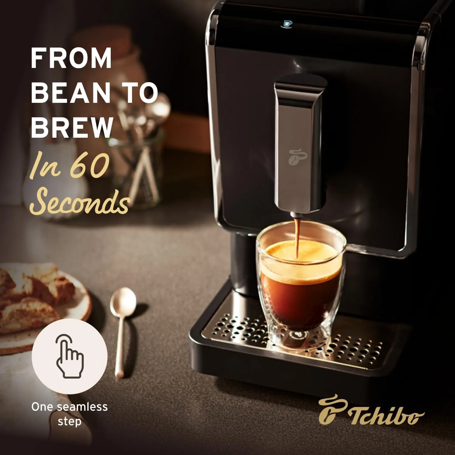 Tchibo Automatic Espresso & Coffee Machine Bundle with Built-in Grinder, Comes With 2 x 17.6 oz. Bags of Whole Bean Coffee, Black