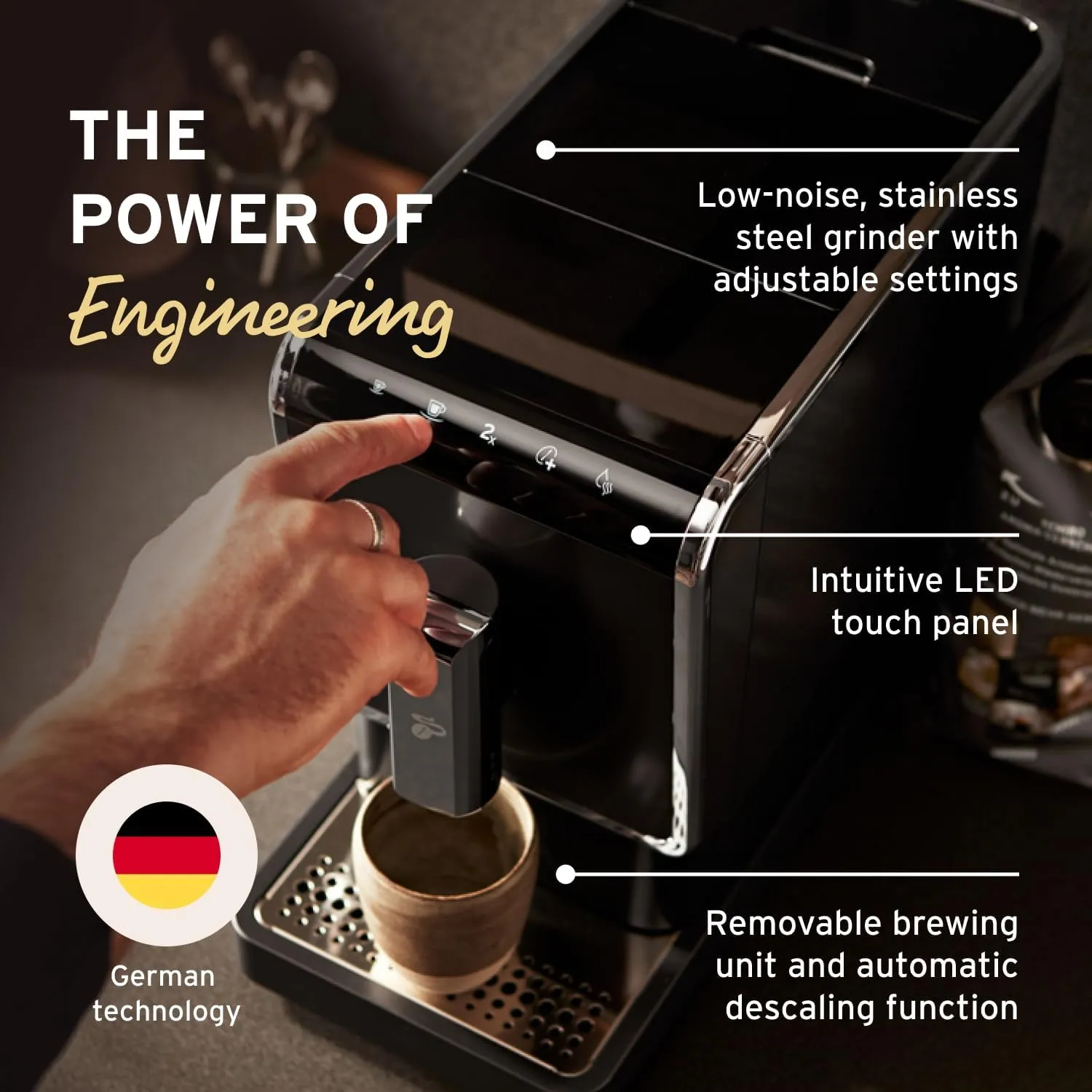 Tchibo Automatic Espresso & Coffee Machine Bundle with Built-in Grinder, Comes With 2 x 17.6 oz. Bags of Whole Bean Coffee, Black