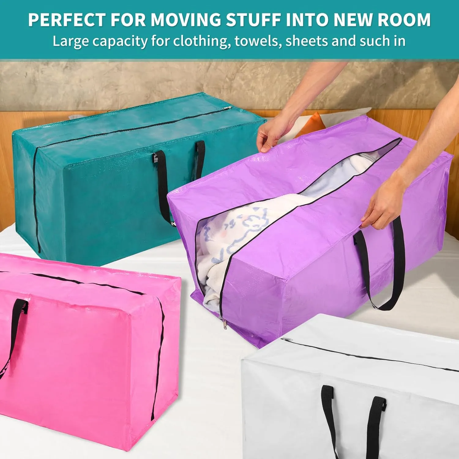 Teal Moving Bags - 8 Pack Extra Large Heavy Duty Storage Bags With Zipper & Reinforce Handles | 29x14x13 Inch Moving Tote Bags Bulk For Clothing, Shoes, Travel