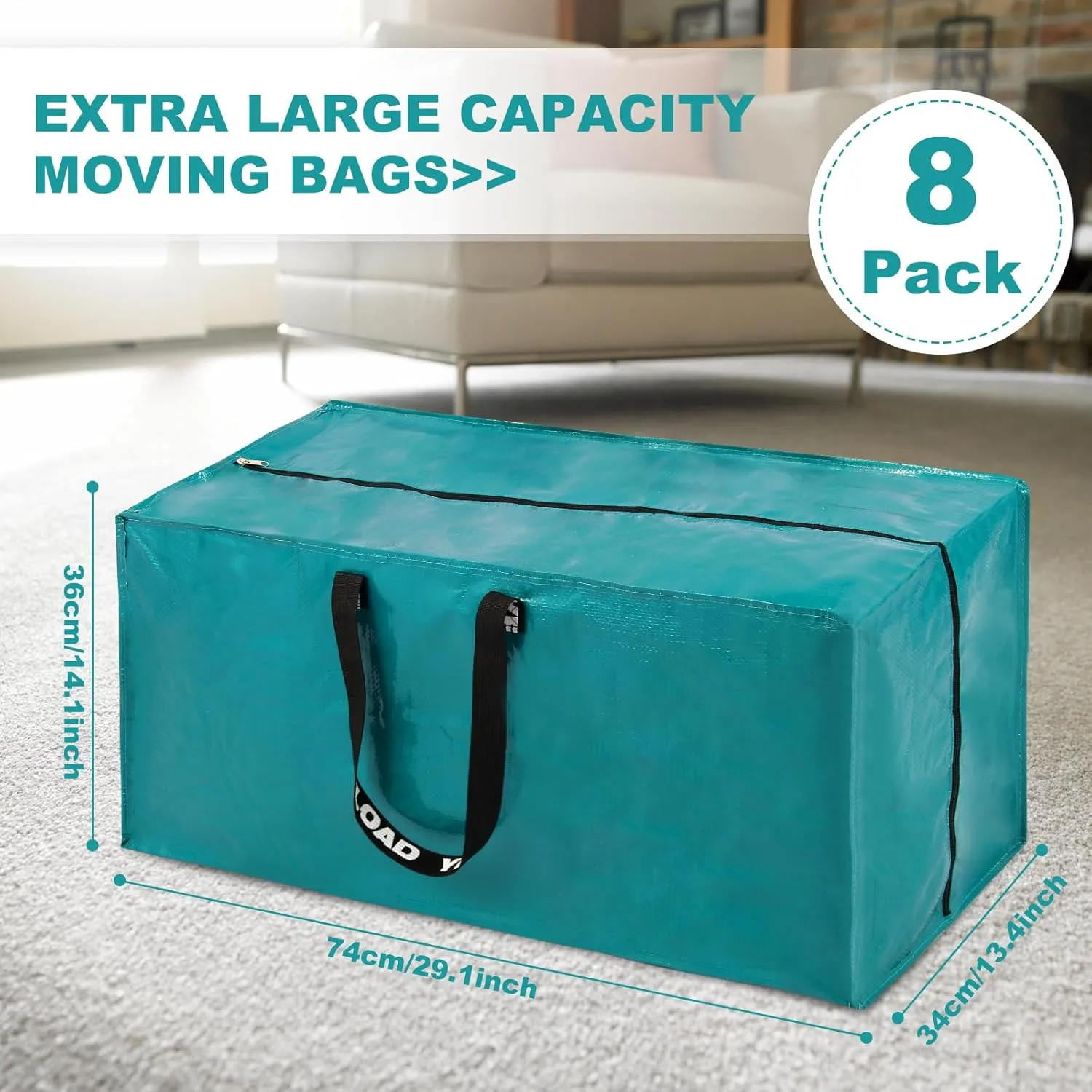 Teal Moving Bags - 8 Pack Extra Large Heavy Duty Storage Bags With Zipper & Reinforce Handles | 29x14x13 Inch Moving Tote Bags Bulk For Clothing, Shoes, Travel