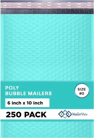 Teal Small Poly Bubble Mailers 6x10 inch #0 | Self Seal Padded Envelopes | Cushioned Bubble Mailer | Usable Size 6x9 | WaterProof | Lightweight mailing Shipping Bags | 250 Pack Bulk