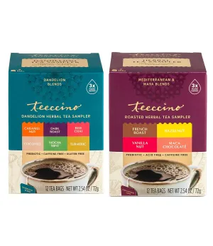 Teeccino Herbal Tea Sampler & Dandelion Tea Sampler – Rich & Roasted Herbal Tea That’s Caffeine Free & Prebiotic for Natural Energy, 12 Tea Bags (Variety Pack of 2)