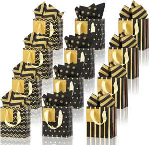 Tenare 12 Pcs Small Gift Bags Mini Metallic Paper Bag with Handle Tissue Paper for Mother Father 's Day Graduation Party Favor Supplies(4 x 2.75 x 4.5 Inch,Black Gold)