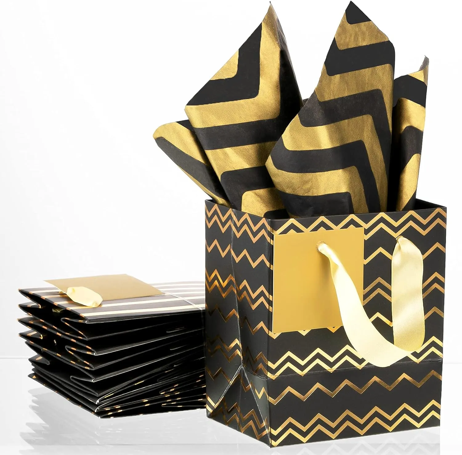 Tenare 12 Pcs Small Gift Bags Mini Metallic Paper Bag with Handle Tissue Paper for Mother Father 's Day Graduation Party Favor Supplies(4 x 2.75 x 4.5 Inch,Black Gold)