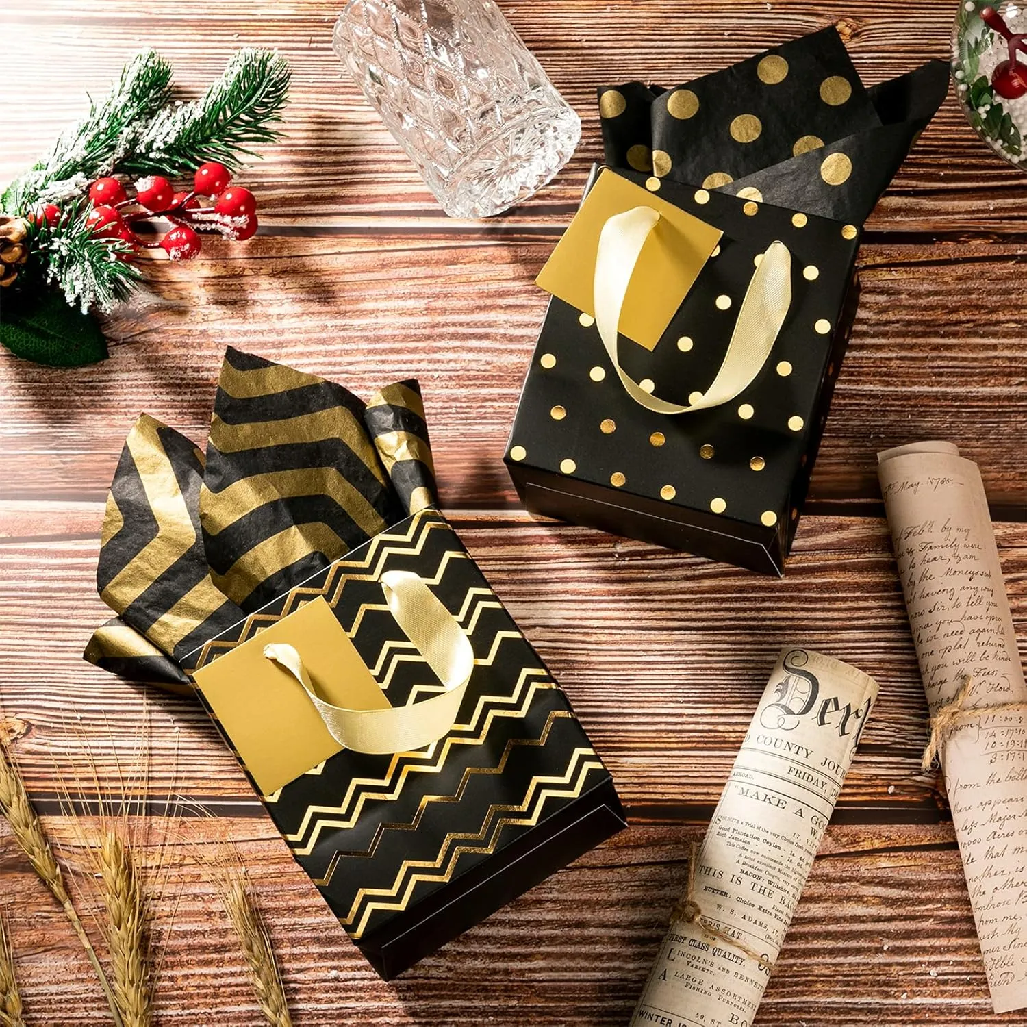 Tenare 12 Pcs Small Gift Bags Mini Metallic Paper Bag with Handle Tissue Paper for Mother Father 's Day Graduation Party Favor Supplies(4 x 2.75 x 4.5 Inch,Black Gold)