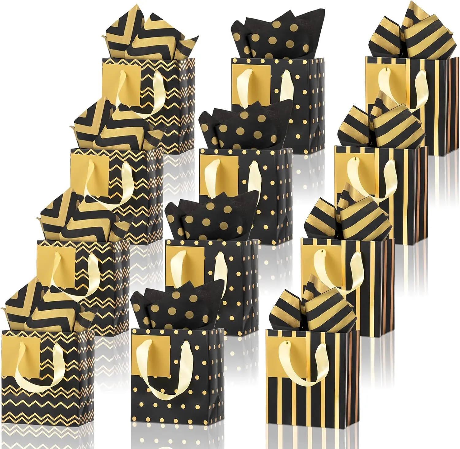 Tenare 12 Pcs Small Gift Bags Mini Metallic Paper Bag with Handle Tissue Paper for Mother Father 's Day Graduation Party Favor Supplies(4 x 2.75 x 4.5 Inch,Black Gold)