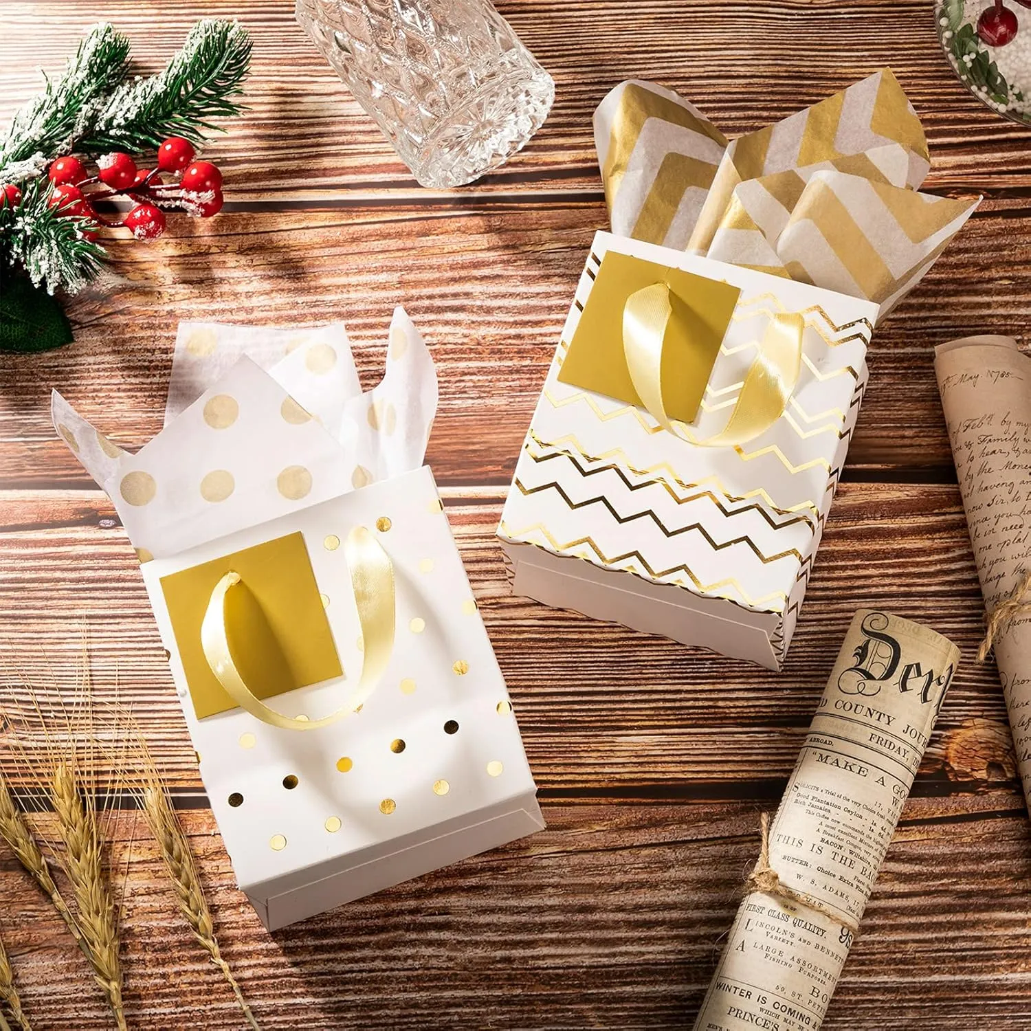 Tenare 12 Pcs Small Gift Bags Mini Metallic Paper Bag with Handle Tissue Paper for Mother Father 's Day Graduation Party Favor Supplies(4 x 2.75 x 4.5 Inch,White Gold)