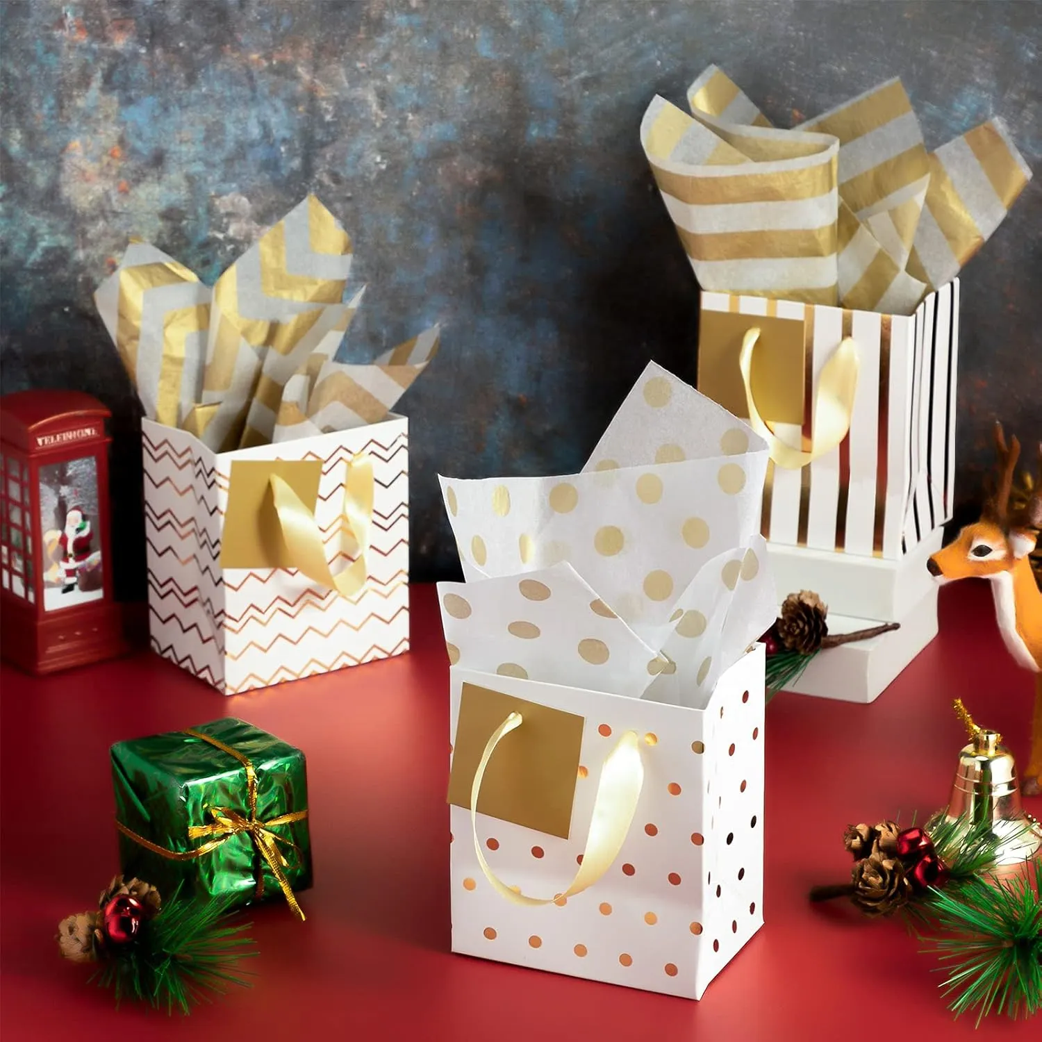 Tenare 12 Pcs Small Gift Bags Mini Metallic Paper Bag with Handle Tissue Paper for Mother Father 's Day Graduation Party Favor Supplies(4 x 2.75 x 4.5 Inch,White Gold)