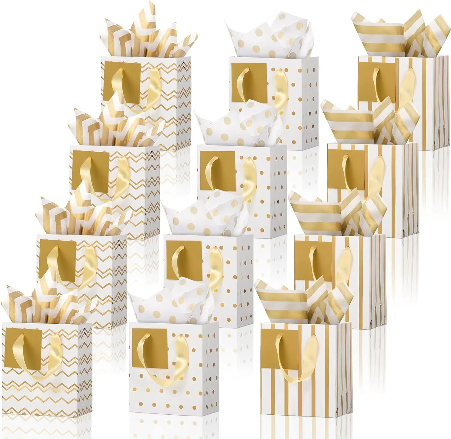 Tenare 12 Pcs Small Gift Bags Mini Metallic Paper Bag with Handle Tissue Paper for Mother Father 's Day Graduation Party Favor Supplies(4 x 2.75 x 4.5 Inch,White Gold)