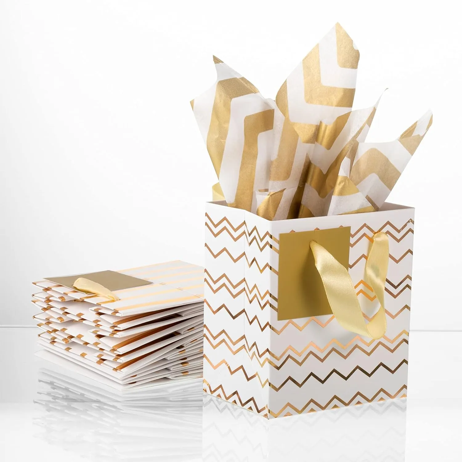 Tenare 12 Pcs Small Gift Bags Mini Metallic Paper Bag with Handle Tissue Paper for Mother Father 's Day Graduation Party Favor Supplies(4 x 2.75 x 4.5 Inch,White Gold)