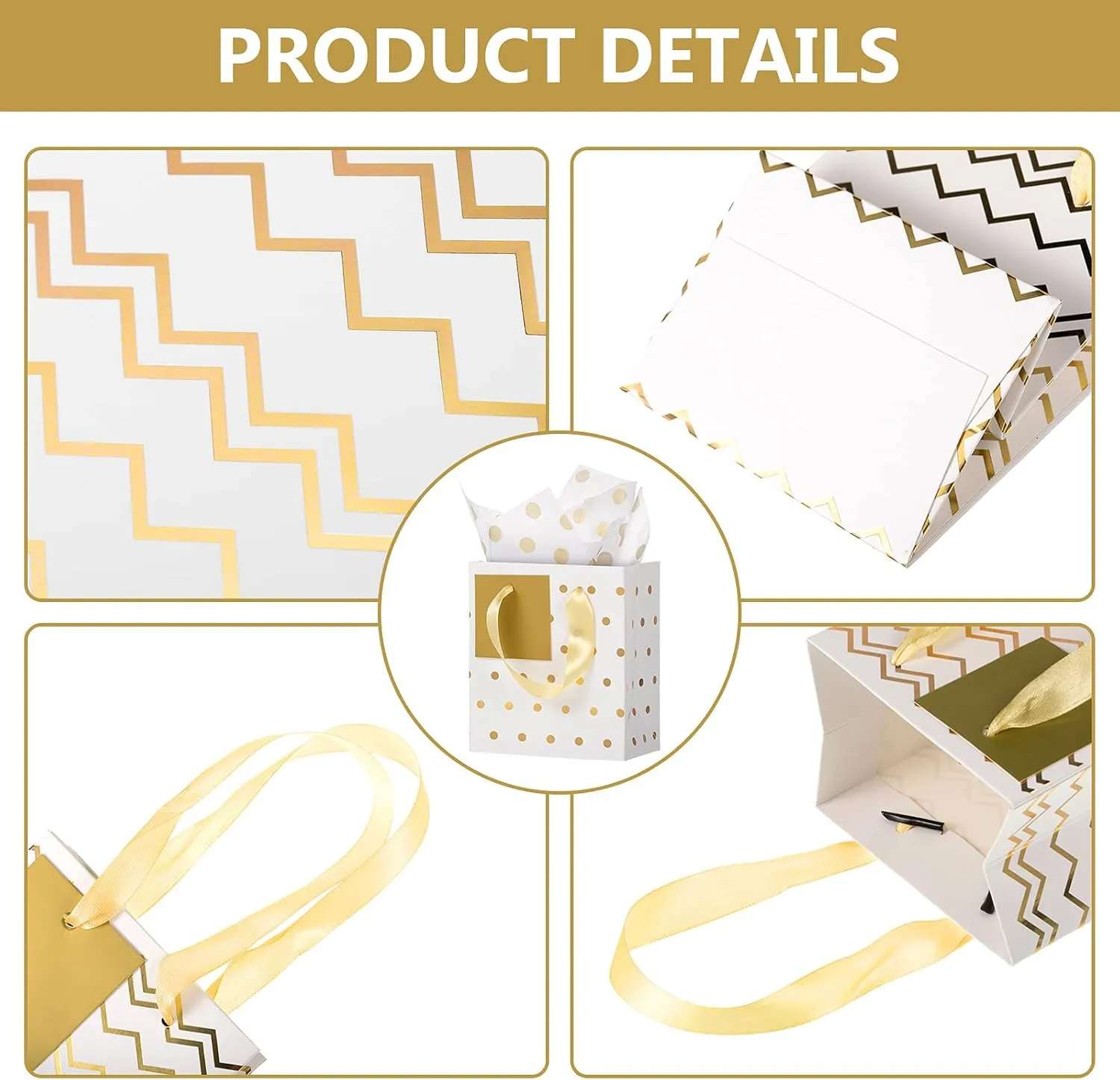 Tenare 12 Pcs Small Gift Bags Mini Metallic Paper Bag with Handle Tissue Paper for Mother Father 's Day Graduation Party Favor Supplies(4 x 2.75 x 4.5 Inch,White Gold)