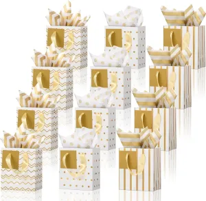 Tenare 12 Pcs Small Gift Bags Mini Metallic Paper Bag with Handle Tissue Paper for Mother Father 's Day Graduation Party Favor Supplies(4 x 2.75 x 4.5 Inch,White Gold)
