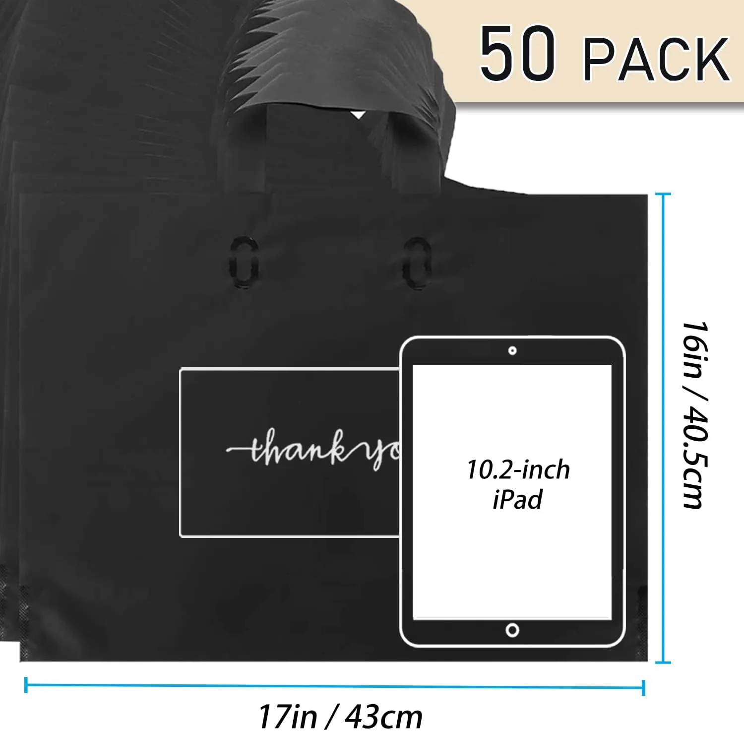 Thank You Merchandise Bags 50Pcs 17x16In Black Thank You Bags Bulk - Extra Thick 3.15Mil Customer Bags for Small Business - Big Thank You Shopping Bags for Boutique with Soft Loop Handle