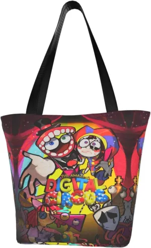 The Amazing Funny Digital Comedy Circus Reusable Grocery Bag for Kitchen Tote Bags for Women Shoulder Bag with Zipper Lightweight Daily Bag Large Capacity Shopping Handbag Storage Bags for Sports
