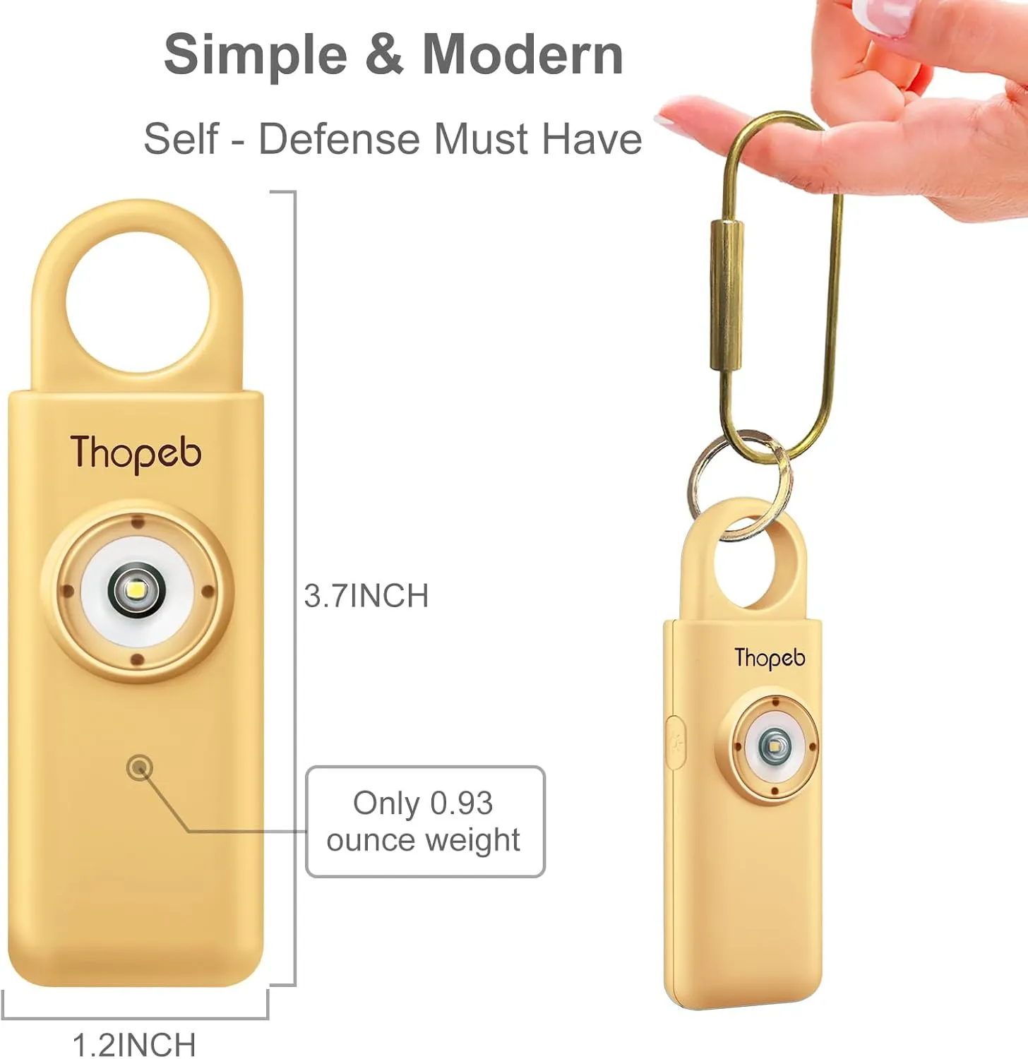 Thopeb–Rechargeable Safety Alarm - 140dB Siren & Strobe Light, Personal Security Keychain for Women/Men/Kids, Emergency Self Defense Device with Low-Battery Alert (Metallic Gold)