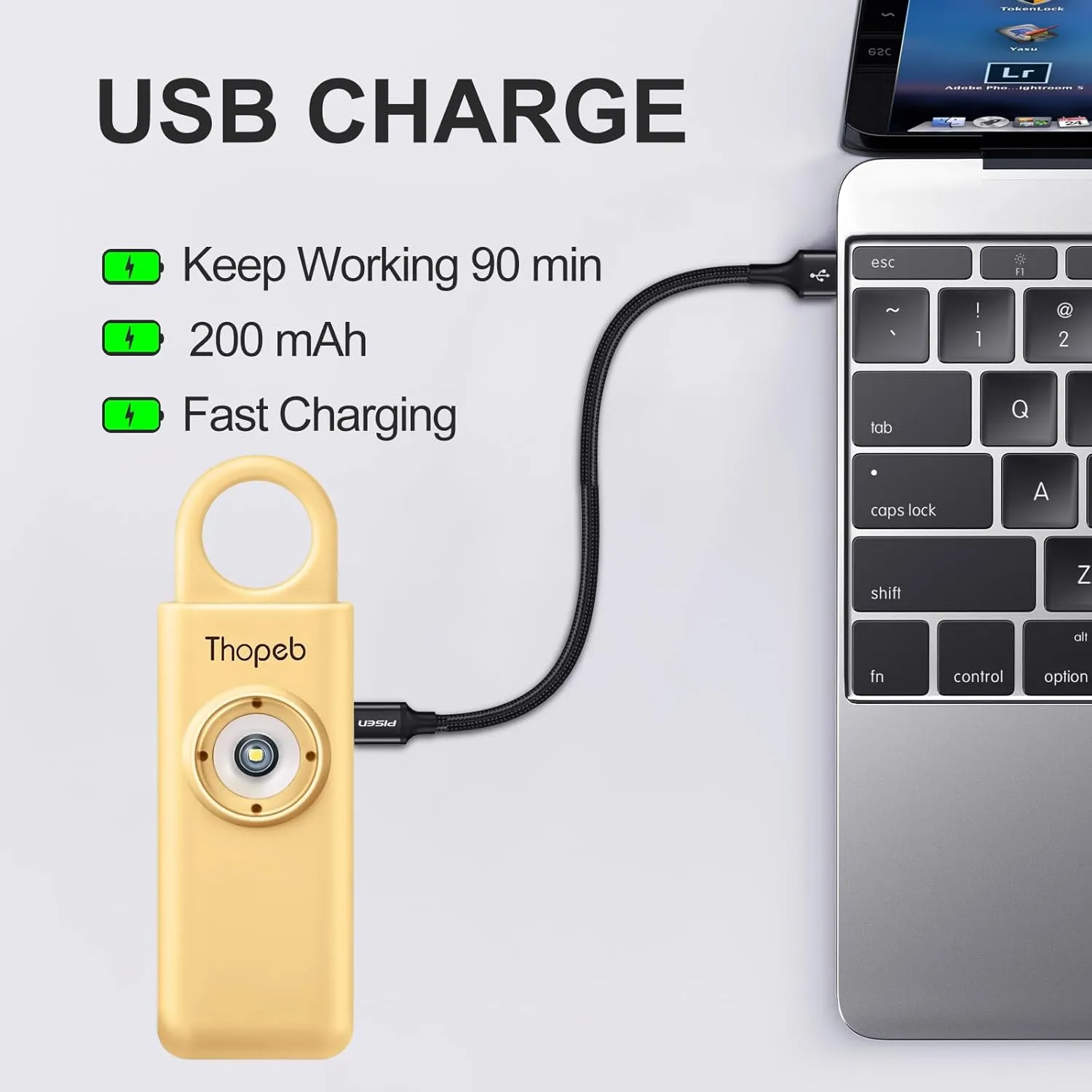 Thopeb–Rechargeable Safety Alarm - 140dB Siren & Strobe Light, Personal Security Keychain for Women/Men/Kids, Emergency Self Defense Device with Low-Battery Alert (Metallic Gold)