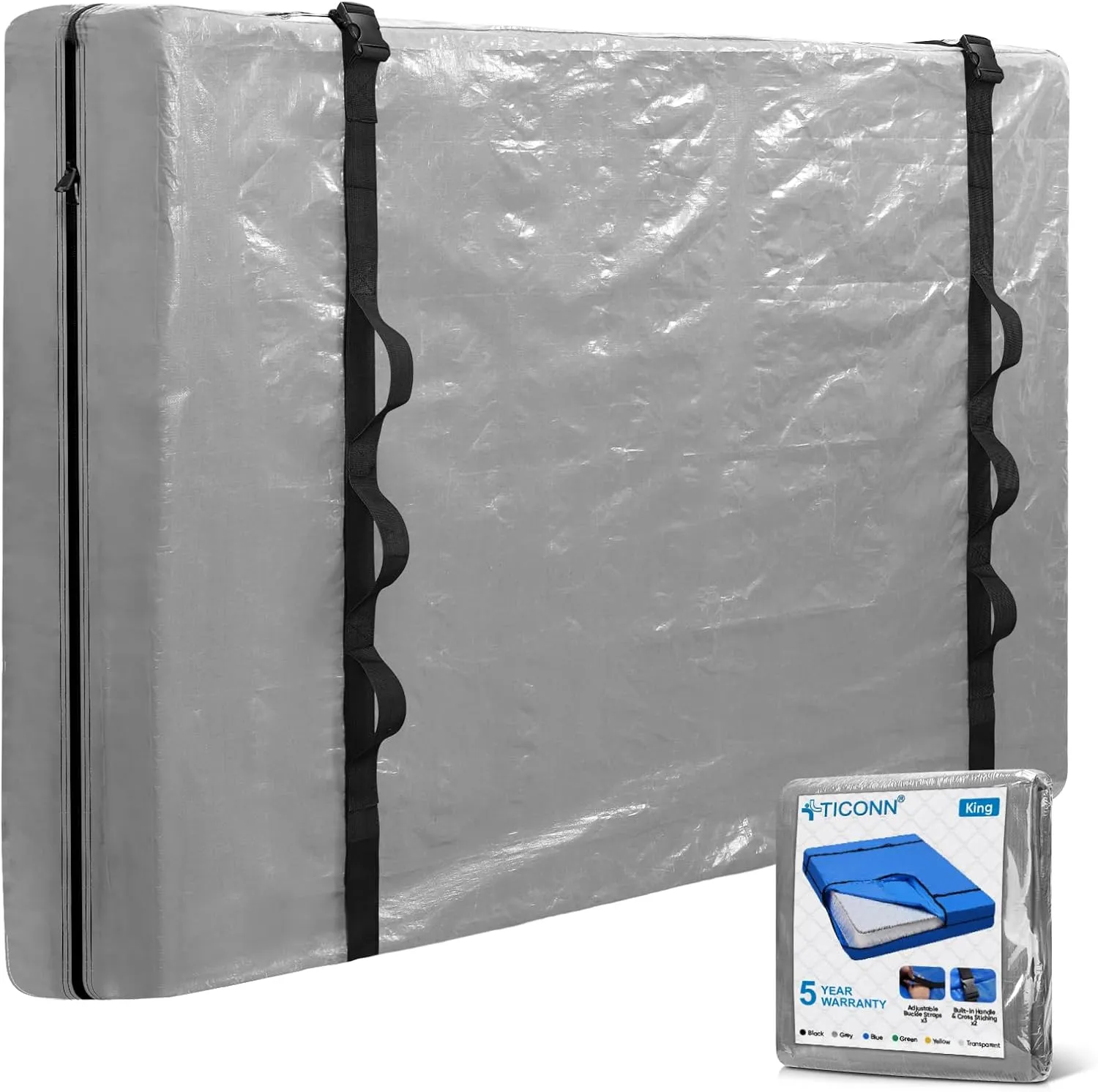 TICONN Mattress Bags for Moving, Heavy Duty King Mattress Cover Storage Bag with Full-Around Handle and Adjustable Buckles (Gray, King)