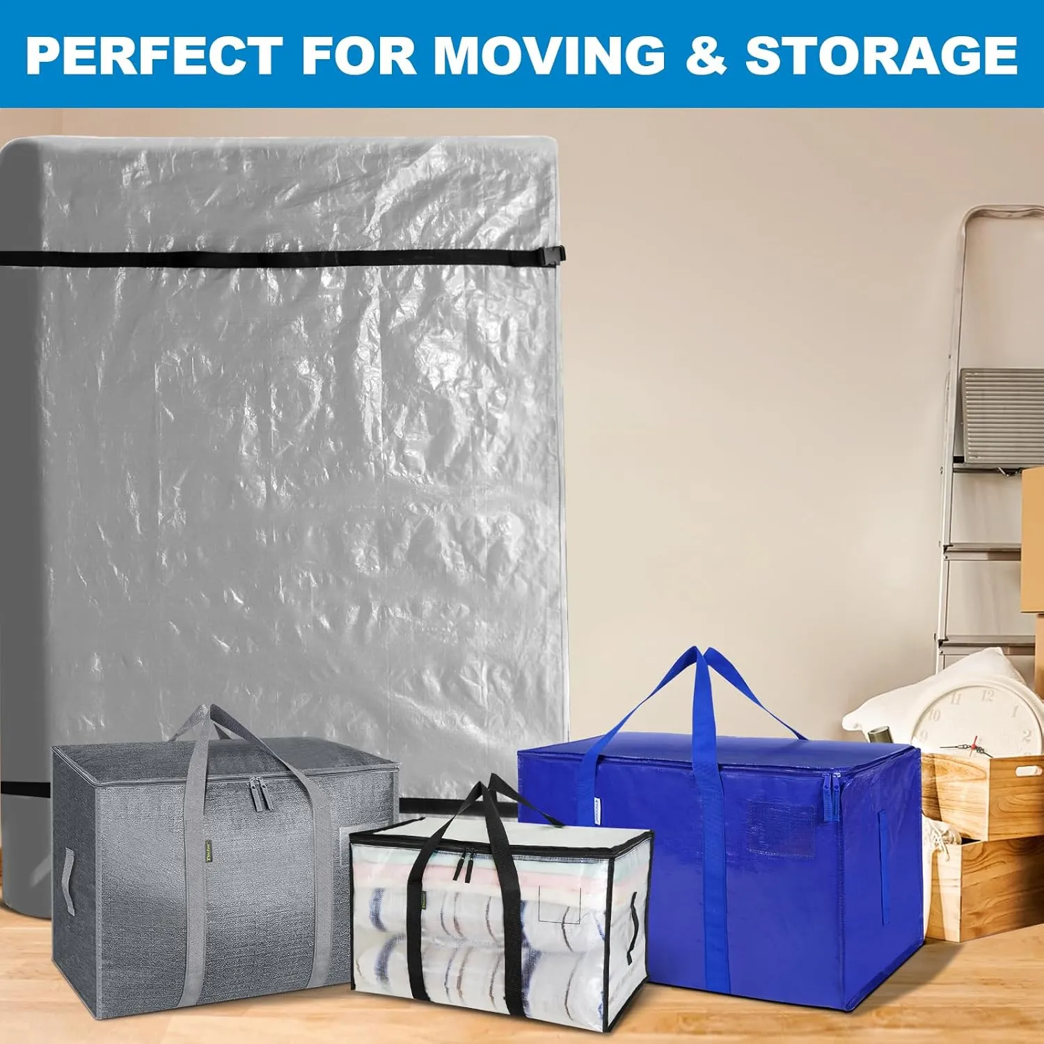 TICONN Mattress Bags for Moving, Heavy Duty King Mattress Cover Storage Bag with Full-Around Handle and Adjustable Buckles (Gray, King)