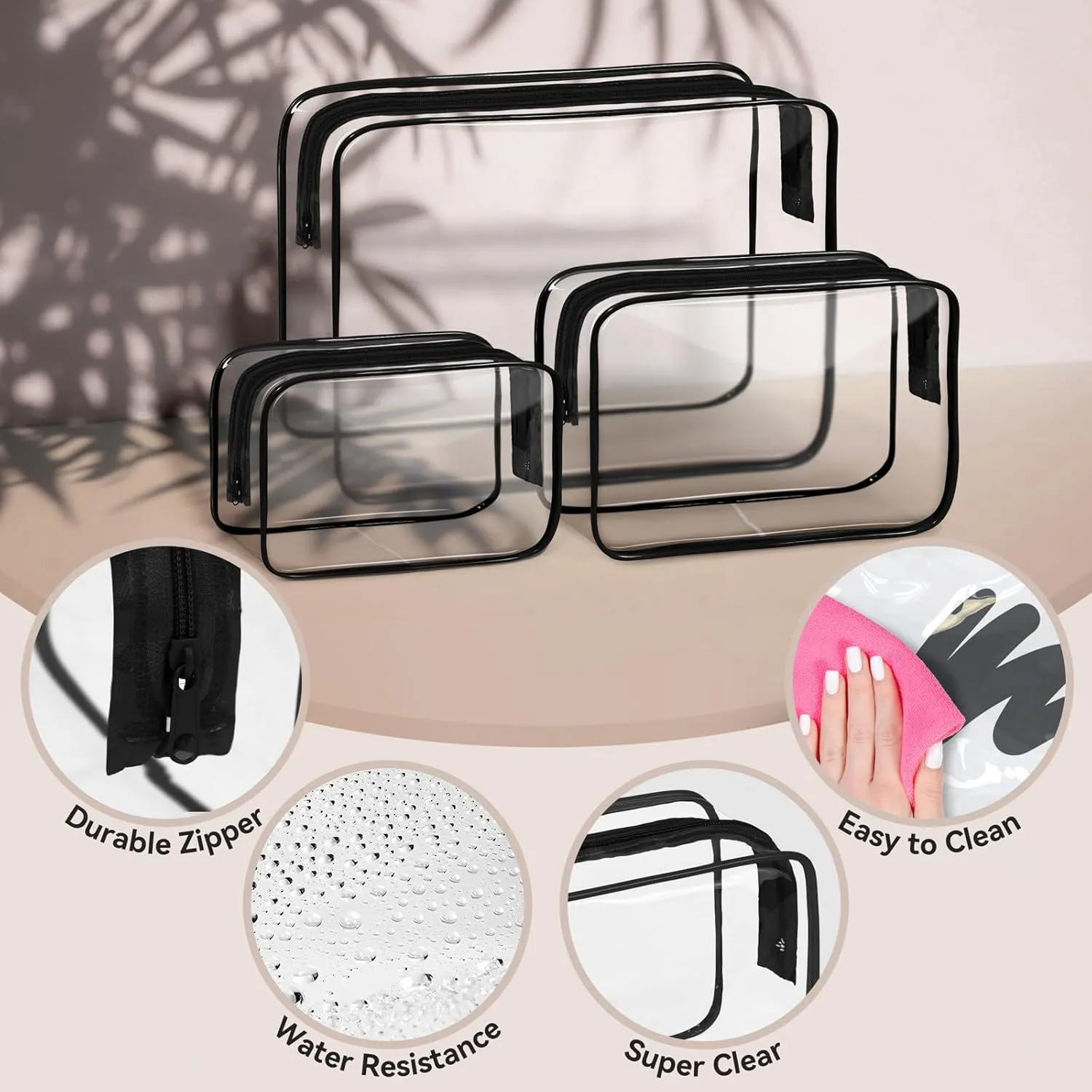 TISRATOK 16 PCS Clear Makeup Bag, Travel Essentials Toiletry Bag, Transparent PVC Cosmetic Organizer Toy-Lego Barbie Storage Pouch for Women Men - Black,Small