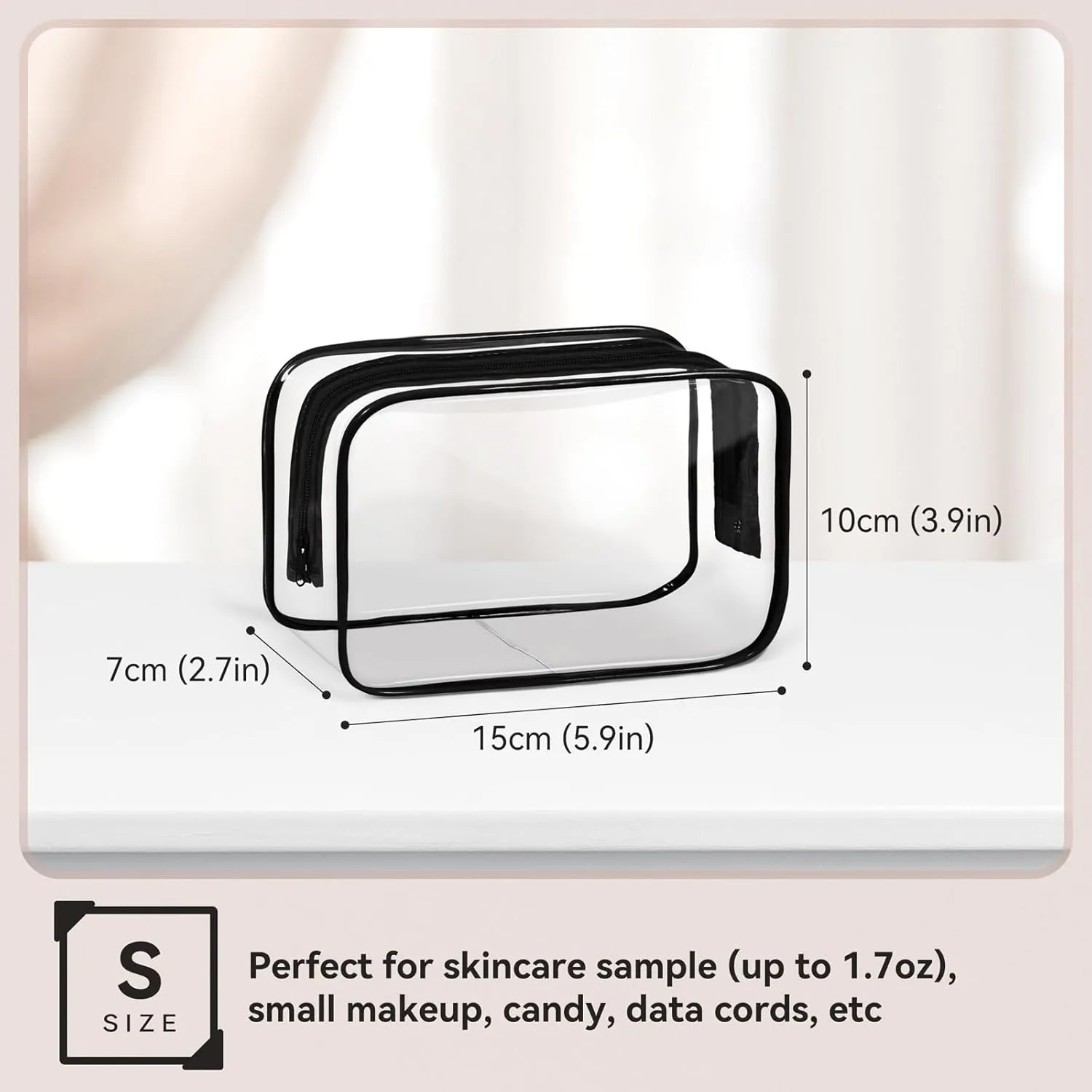 TISRATOK 16 PCS Clear Makeup Bag, Travel Essentials Toiletry Bag, Transparent PVC Cosmetic Organizer Toy-Lego Barbie Storage Pouch for Women Men - Black,Small
