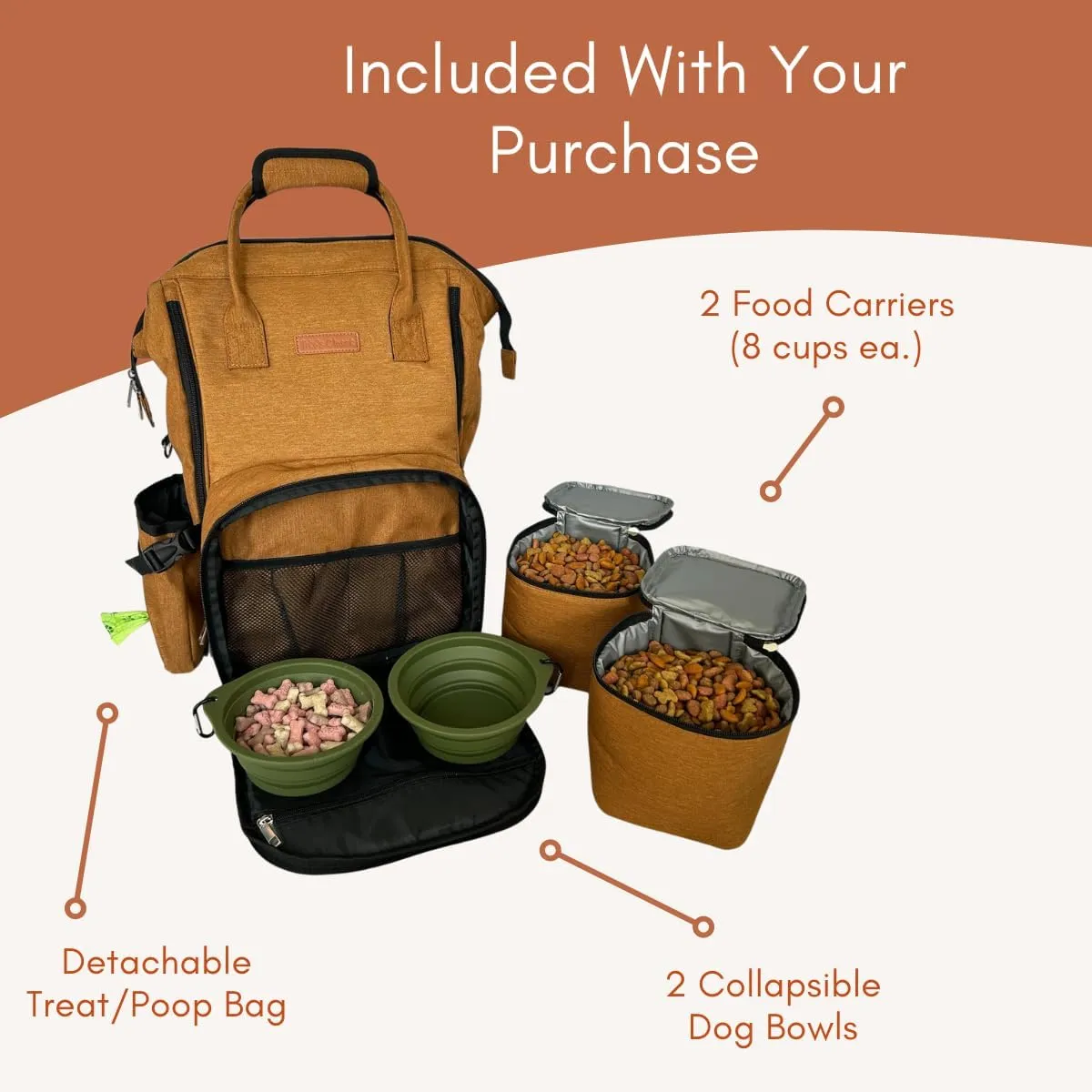Tito's Closet Dog Travel Bag Includes Dog Travel Accessories 2-Pack Dog Travel Bowl, 2 Dog Food Containers, Dog Treat Bag (Brown), DB2024