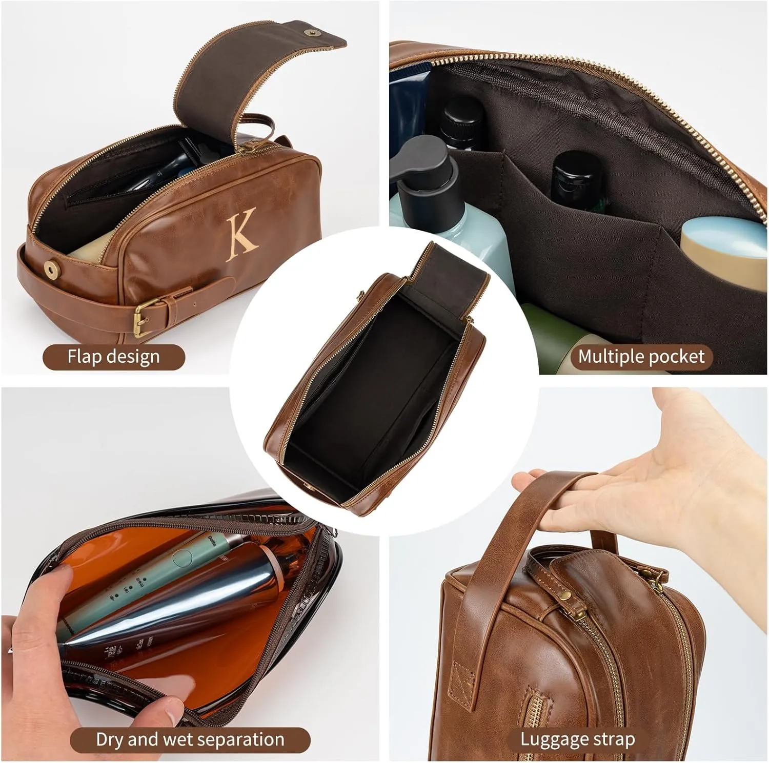 Toiletry Bags for Men Leather Travel Toiletry Bag With Engraved Initial Large Shaving & Dopp Kit Personalized Birthday Wedding Groomsmen Gifts for Men (A)