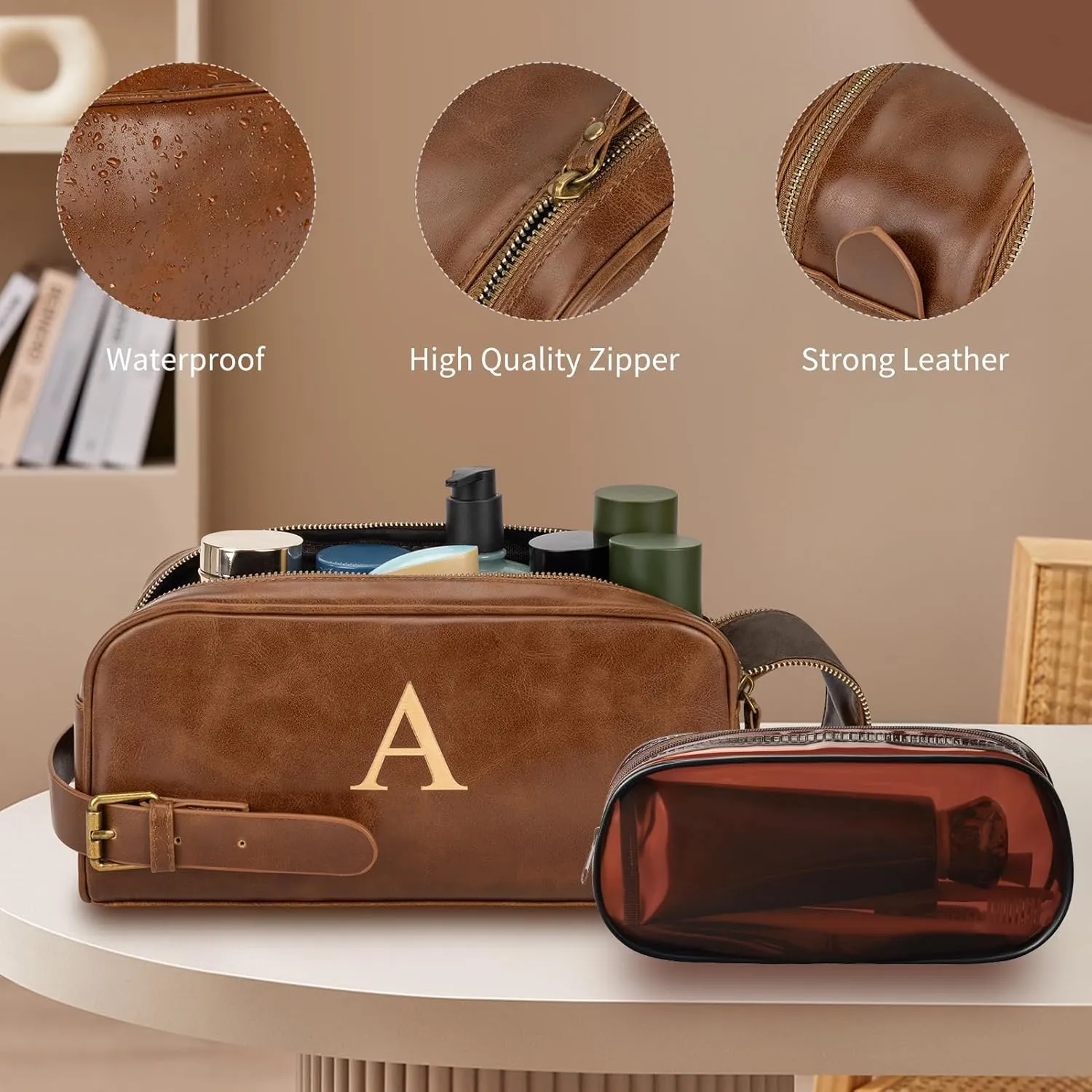 Toiletry Bags for Men Leather Travel Toiletry Bag With Engraved Initial Large Shaving & Dopp Kit Personalized Birthday Wedding Groomsmen Gifts for Men (A)