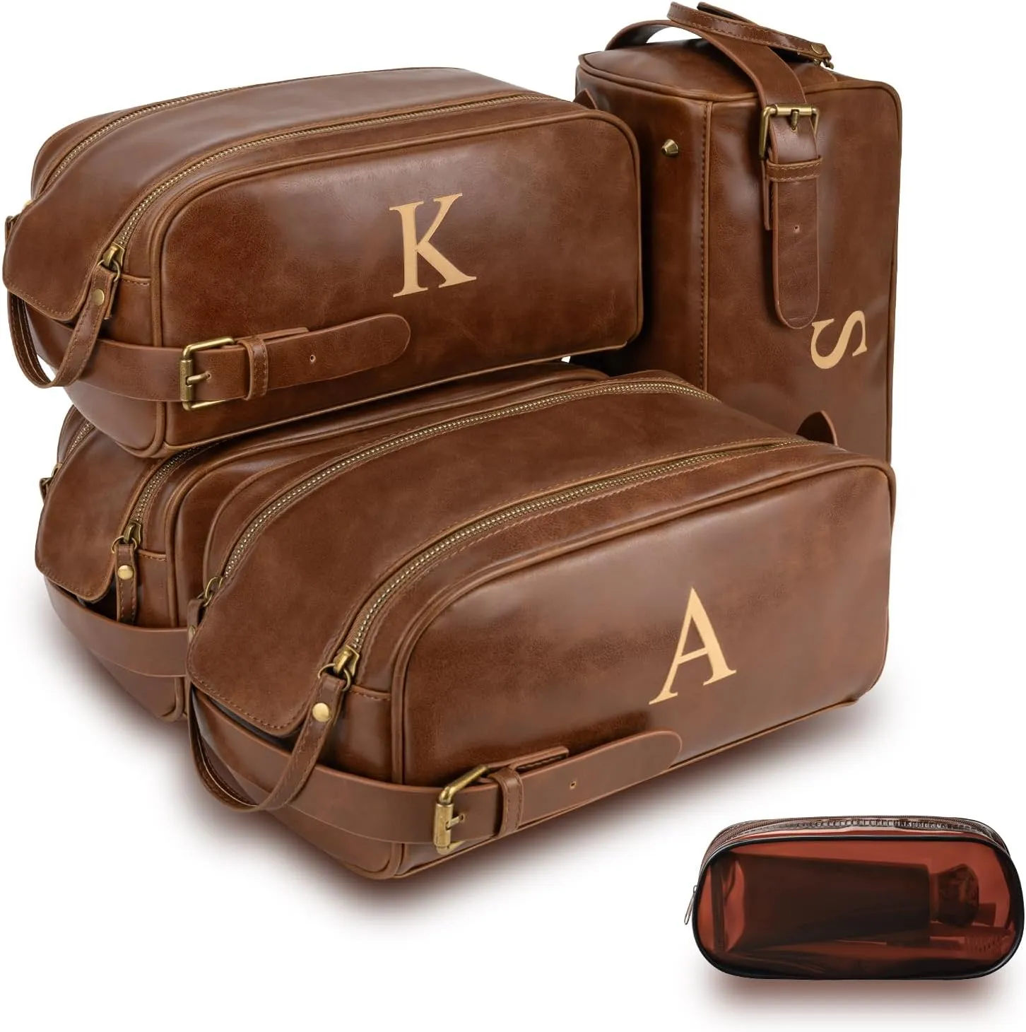 Toiletry Bags for Men Leather Travel Toiletry Bag With Engraved Initial Large Shaving & Dopp Kit Personalized Birthday Wedding Groomsmen Gifts for Men (A)