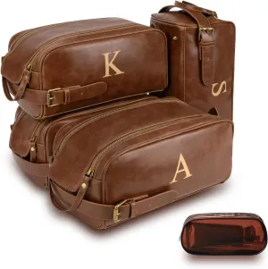Toiletry Bags for Men Leather Travel Toiletry Bag With Engraved Initial Large Shaving & Dopp Kit Personalized Birthday Wedding Groomsmen Gifts for Men (A)