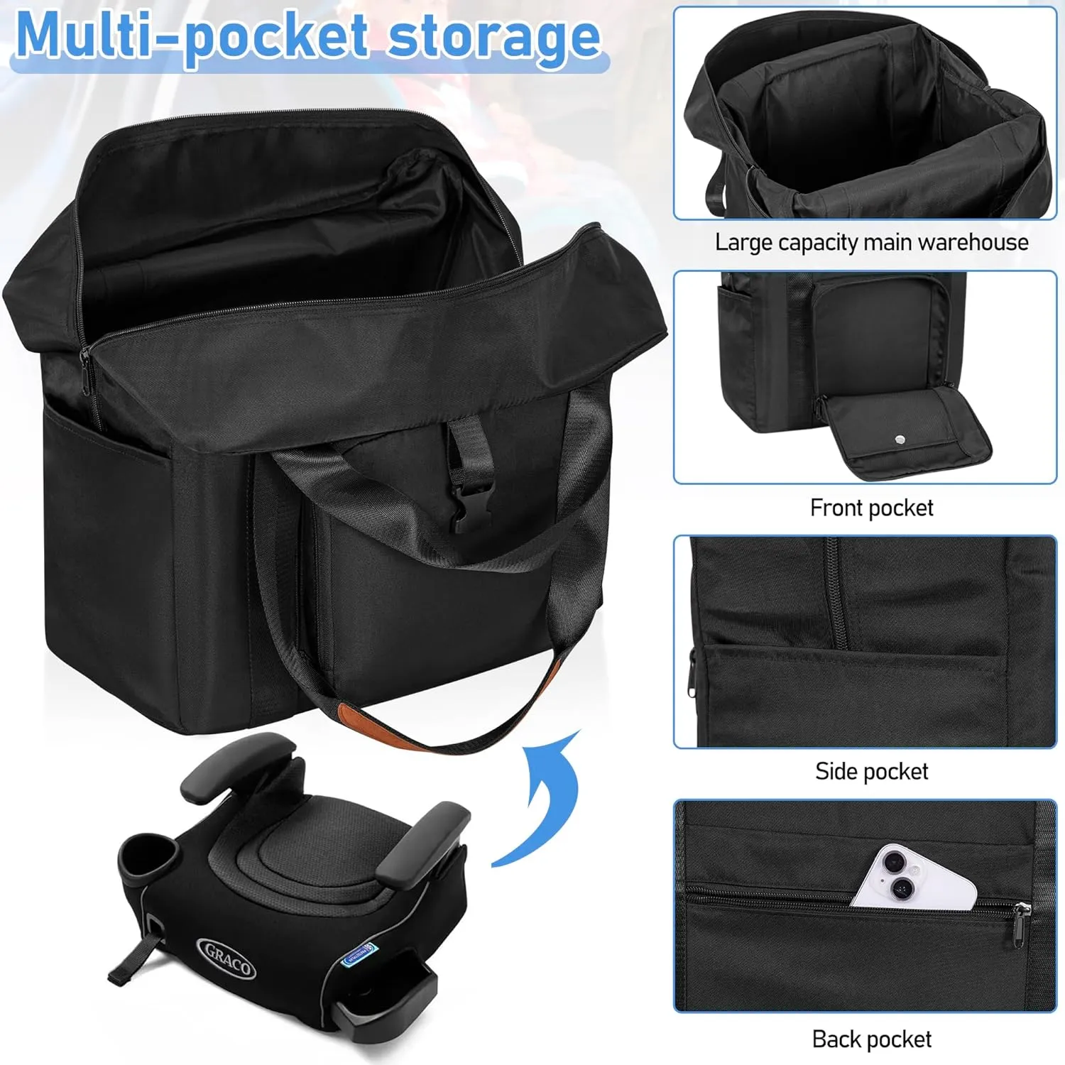 TORIBIO Backless Booster Car Seat Travel Bag, for Gb Pockit, Tote Bag Strollers Bags for Airplane Gate Check, Black