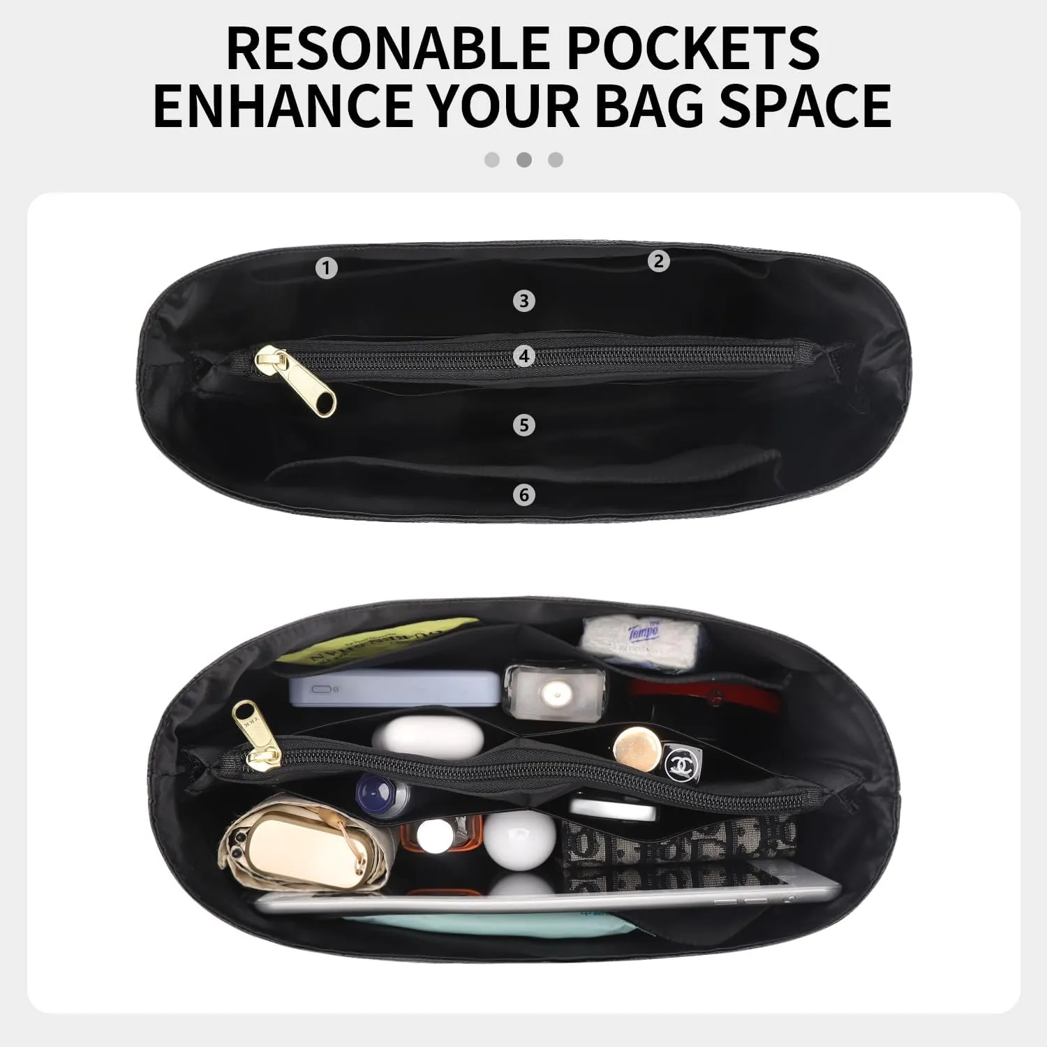 Tote Bag Organizer Insert Compatible with Geya Hobo Handbag, Dupont Paper Inner Purse Organizer Insert Makeup Liner Bag Shaper Black