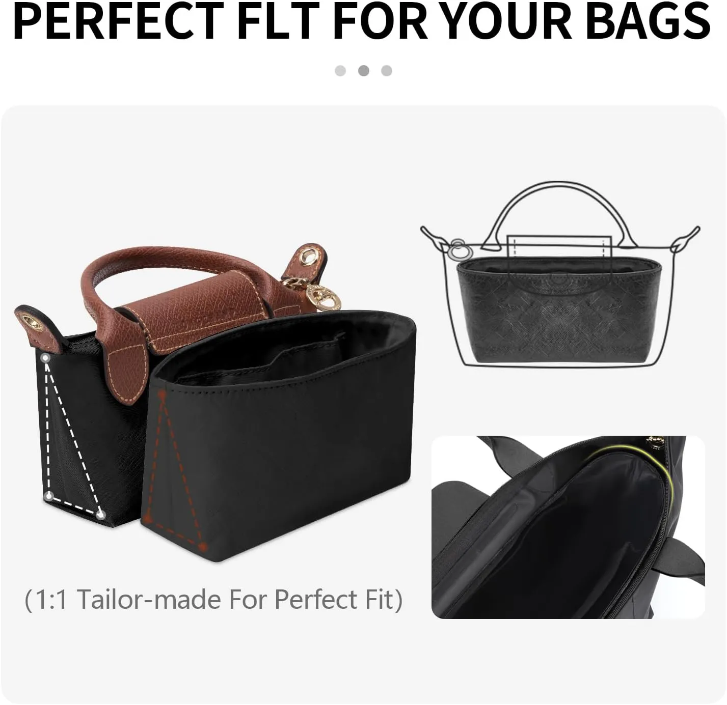Tote Bag Organizer Insert Compatible with Longchamp Mini Handbag, Dupont Paper Inner Purse Organizer Insert Makeup Liner Bag Shaper (Black, XS/Mini