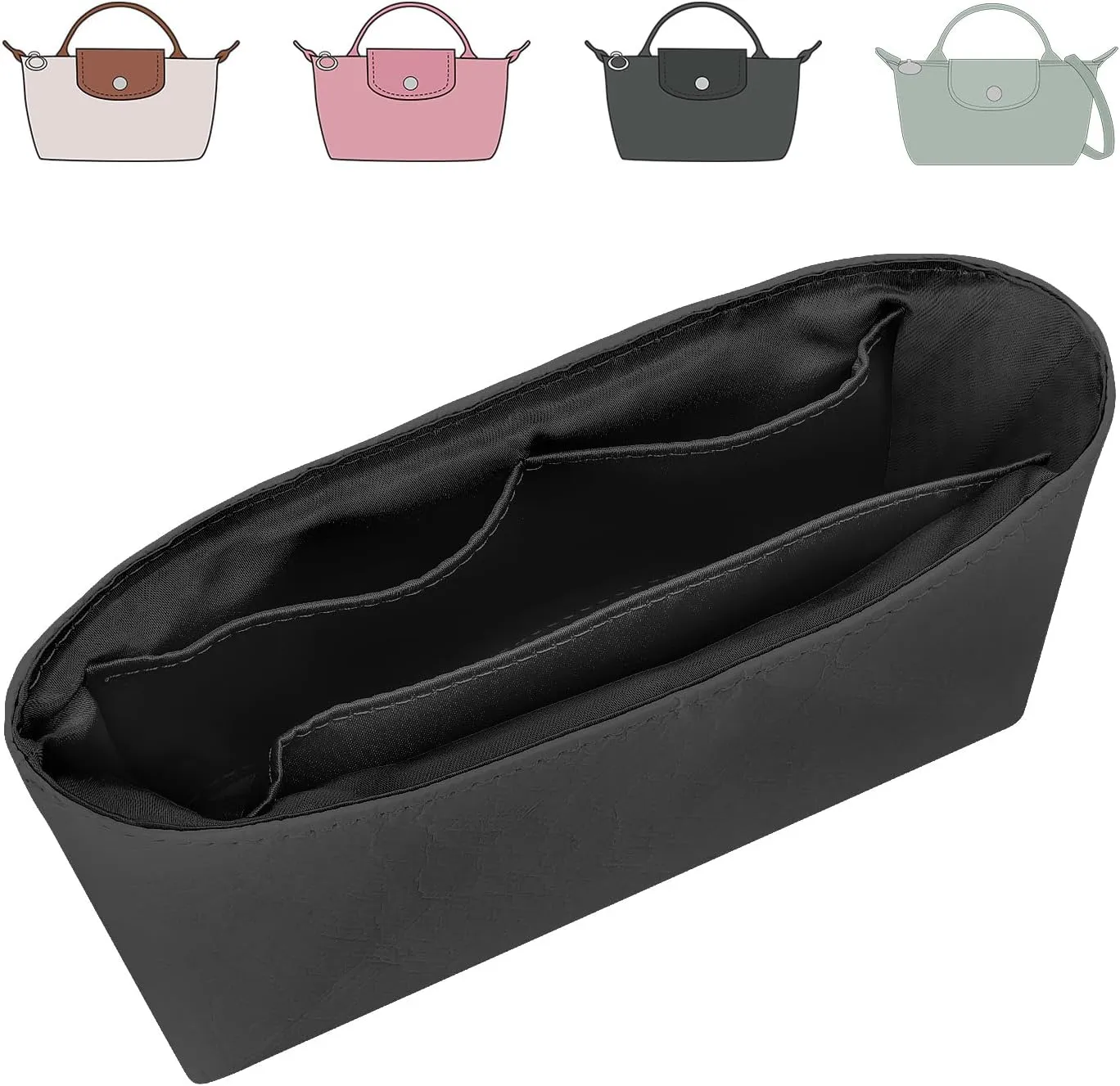 Tote Bag Organizer Insert Compatible with Longchamp Mini Handbag, Dupont Paper Inner Purse Organizer Insert Makeup Liner Bag Shaper (Black, XS/Mini