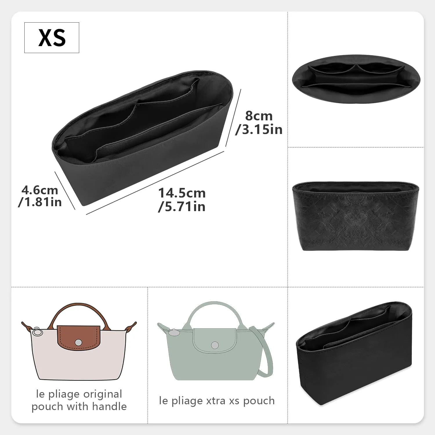 Tote Bag Organizer Insert Compatible with Longchamp Mini Handbag, Dupont Paper Inner Purse Organizer Insert Makeup Liner Bag Shaper (Black, XS/Mini