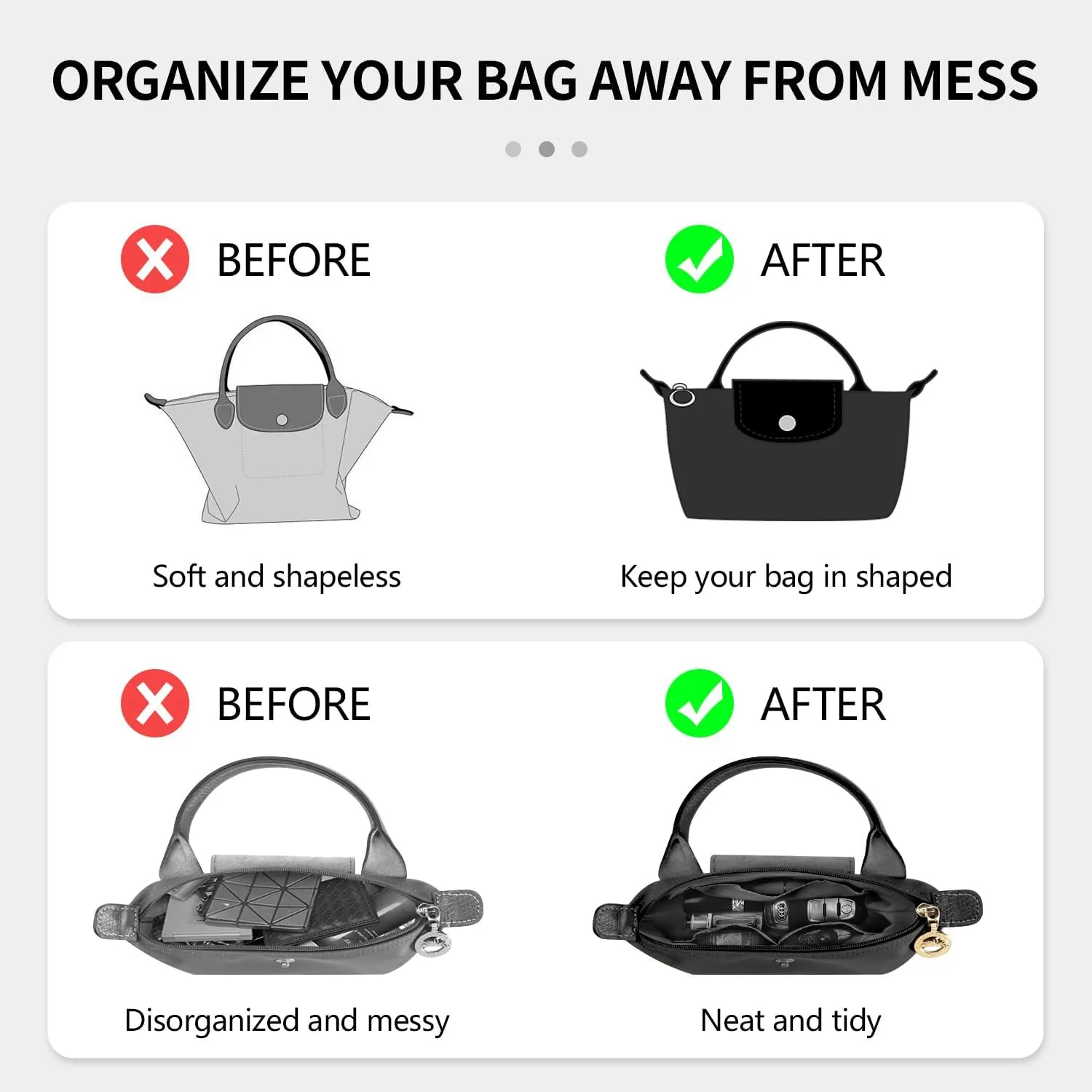 Tote Bag Organizer Insert Compatible with Longchamp Mini Handbag, Dupont Paper Inner Purse Organizer Insert Makeup Liner Bag Shaper (Black, XS/Mini