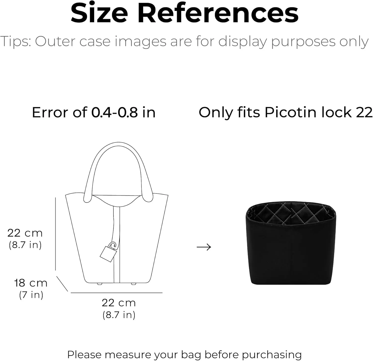 Tote Bag Organizer Insert for HERMES Picotin22 handbag, Custom Fit Inside Premium Matte Black Lightweight WaterResistant Purse Insert