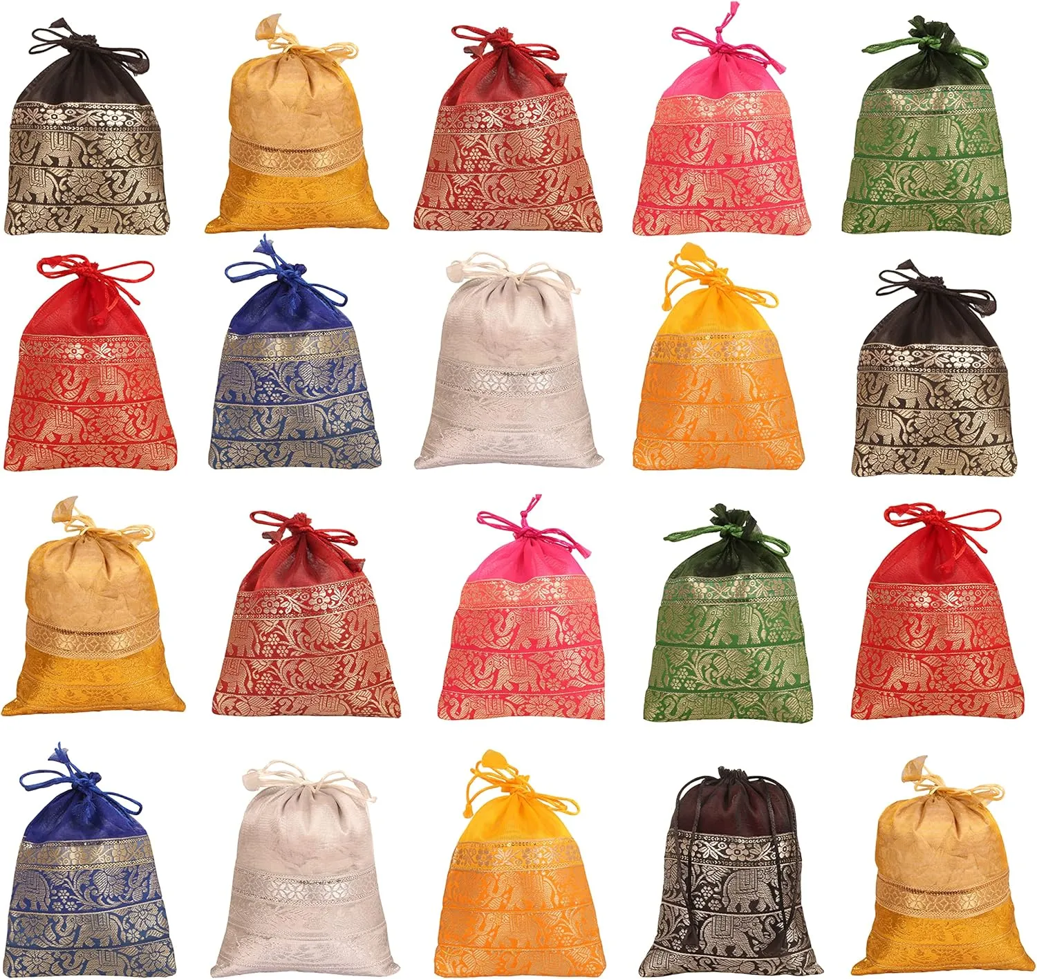 Touchstone Drawstring Bags Traditional Indian Handcrafted in Elephant Pattern Brocade fabric. Perfect for Gifts Jewelry Weddings Sweet Distribution Set of 20 Vibrant Multicolor Pouches Purses Potli.