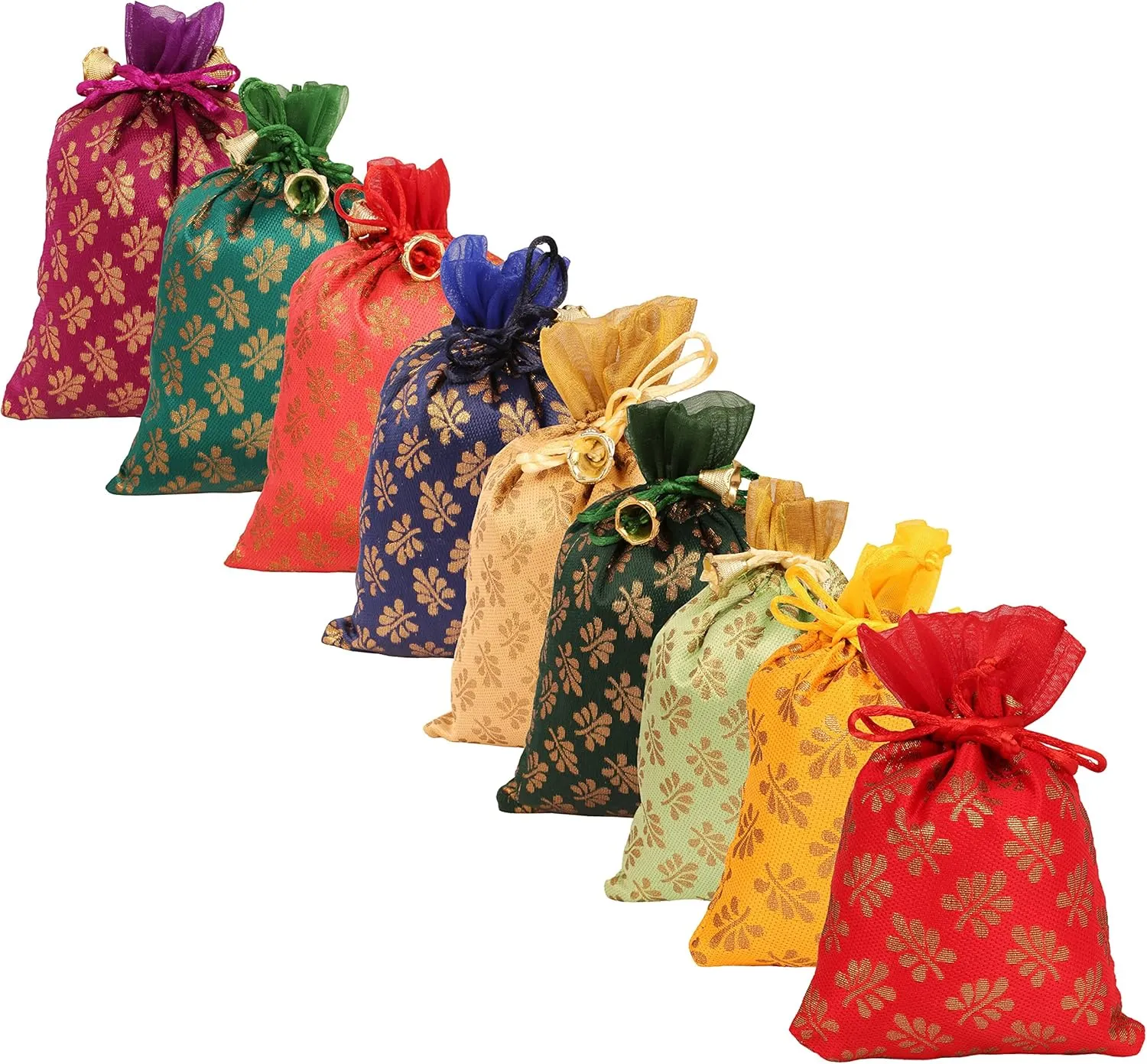 Touchstone Gorgeous Gift Wrapping bags reusable environment friendly Large Drawstring Mimosa Leaf Pattern Brocade for birthdays, wedding, return present packing set. pack of 9. 6x4 inches