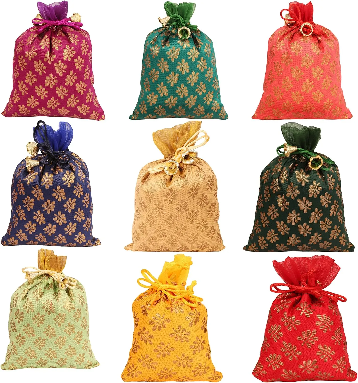 Touchstone Gorgeous Gift Wrapping bags reusable environment friendly Large Drawstring Mimosa Leaf Pattern Brocade for birthdays, wedding, return present packing set. pack of 9. 6x4 inches